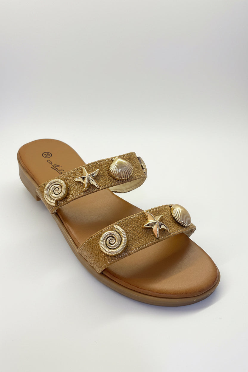 Sandali Marina – Ciabatta Doppia Fascia con Charms Marini Dorati