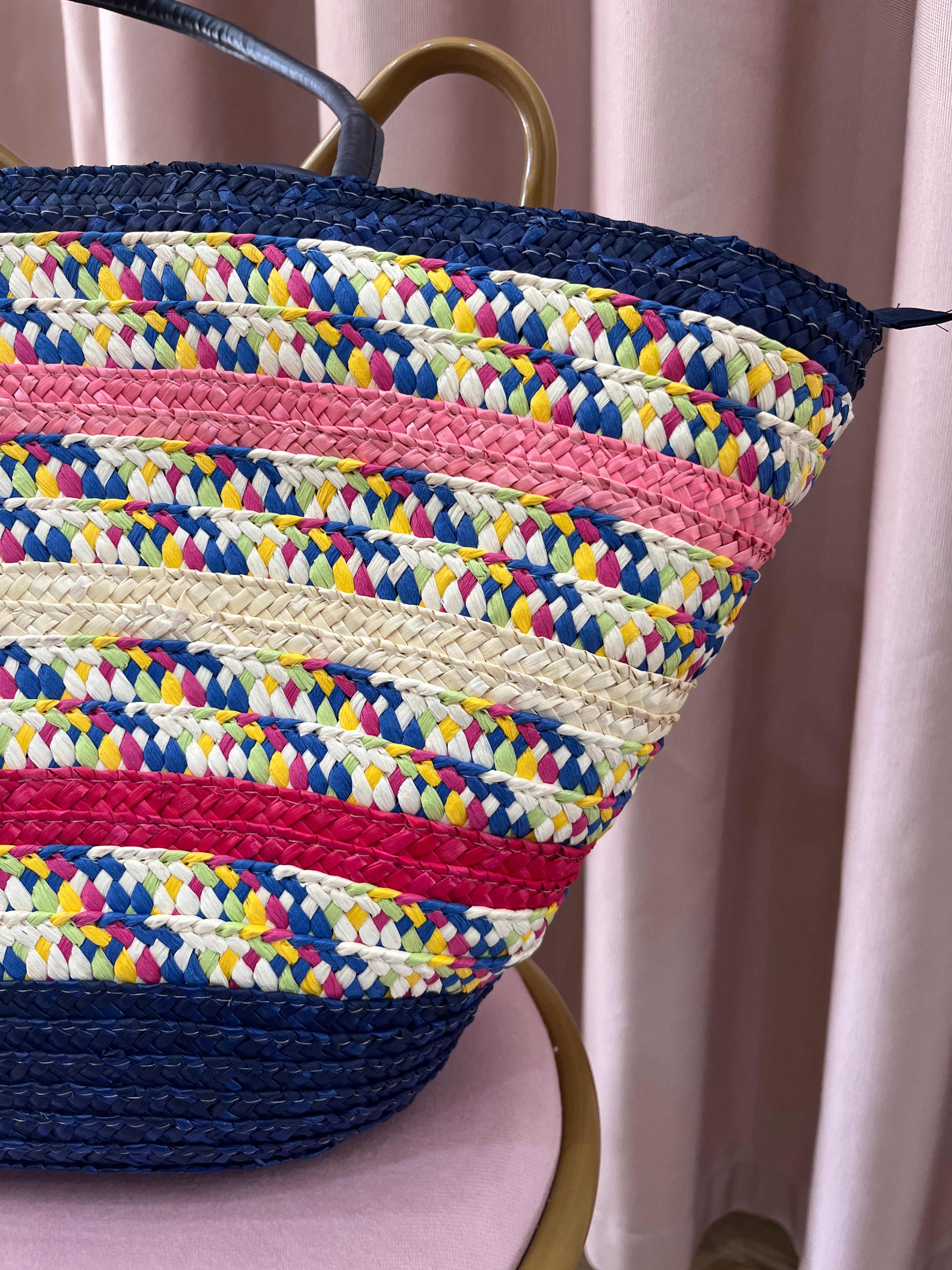 Borsa Shopper Intrecciata Multicolor con Manici Rigidi – Borsa Estiva Capiente in Fibra Naturale