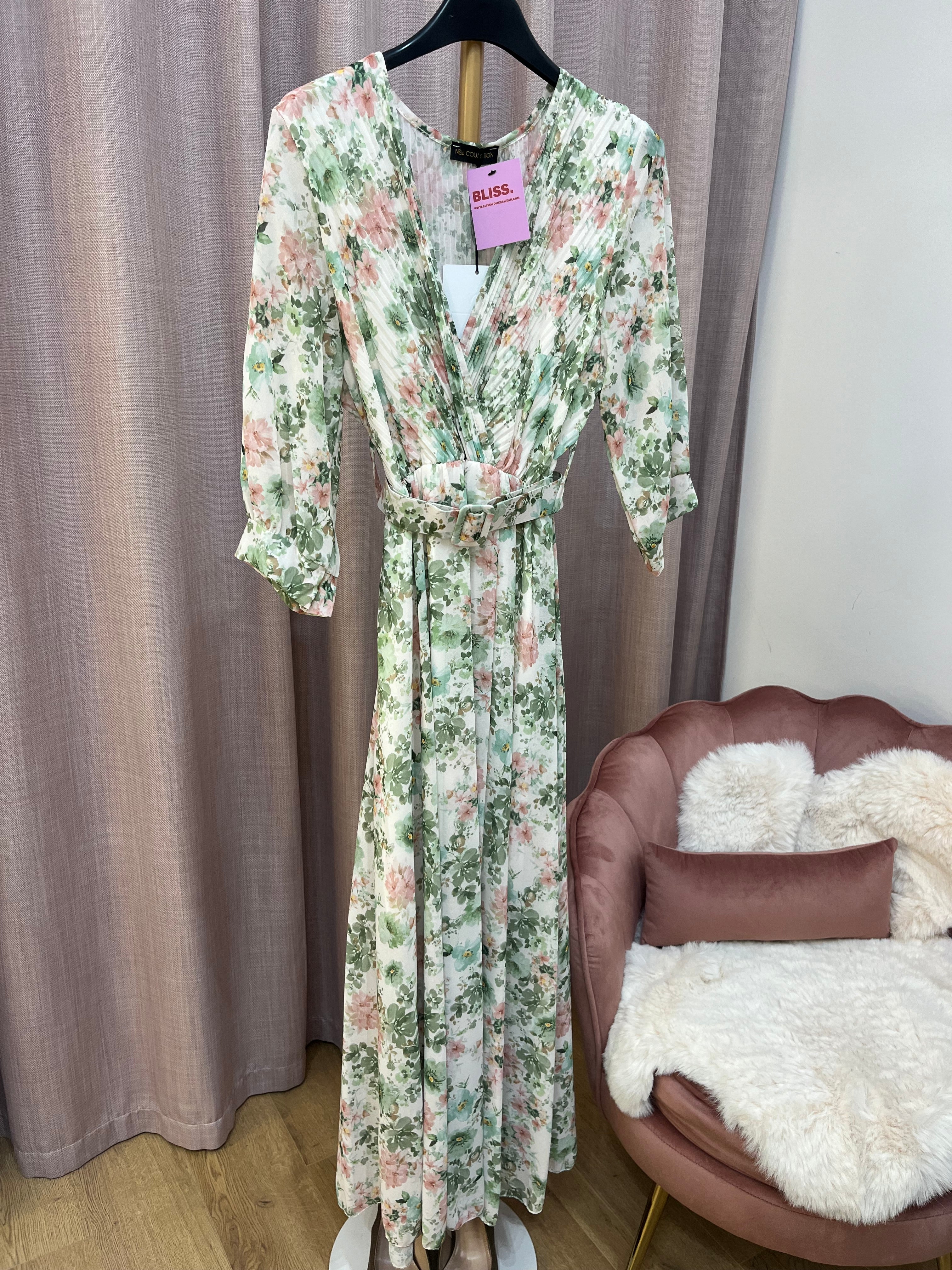 Vestito Natalia - Abito Lungo Floreale con Cintura – Vestito Elegante Donna con Scollo