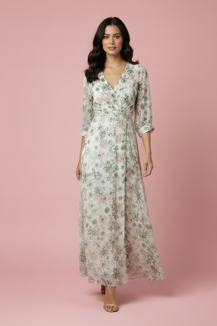 Vestito Natalia - Abito Lungo Floreale con Cintura – Vestito Elegante Donna con Scollo