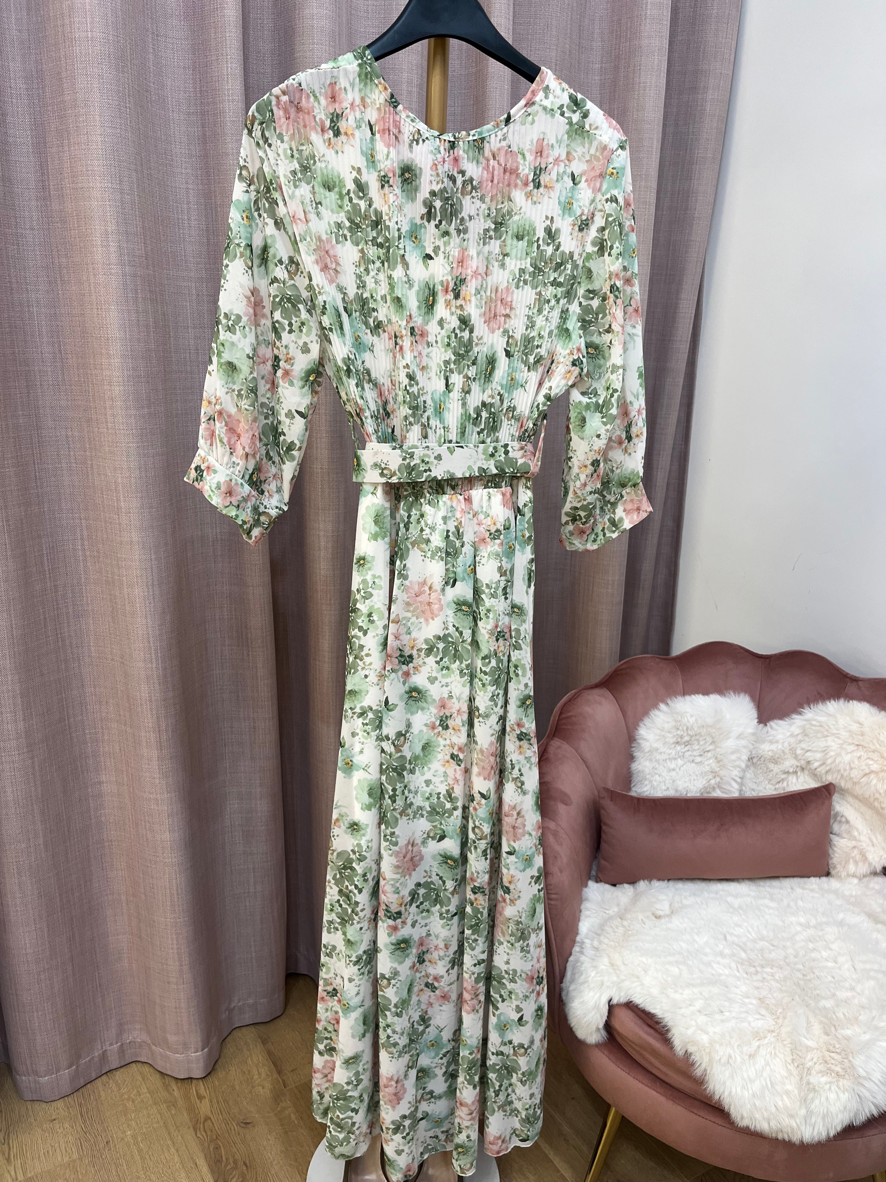 Vestito Natalia - Abito Lungo Floreale con Cintura – Vestito Elegante Donna con Scollo