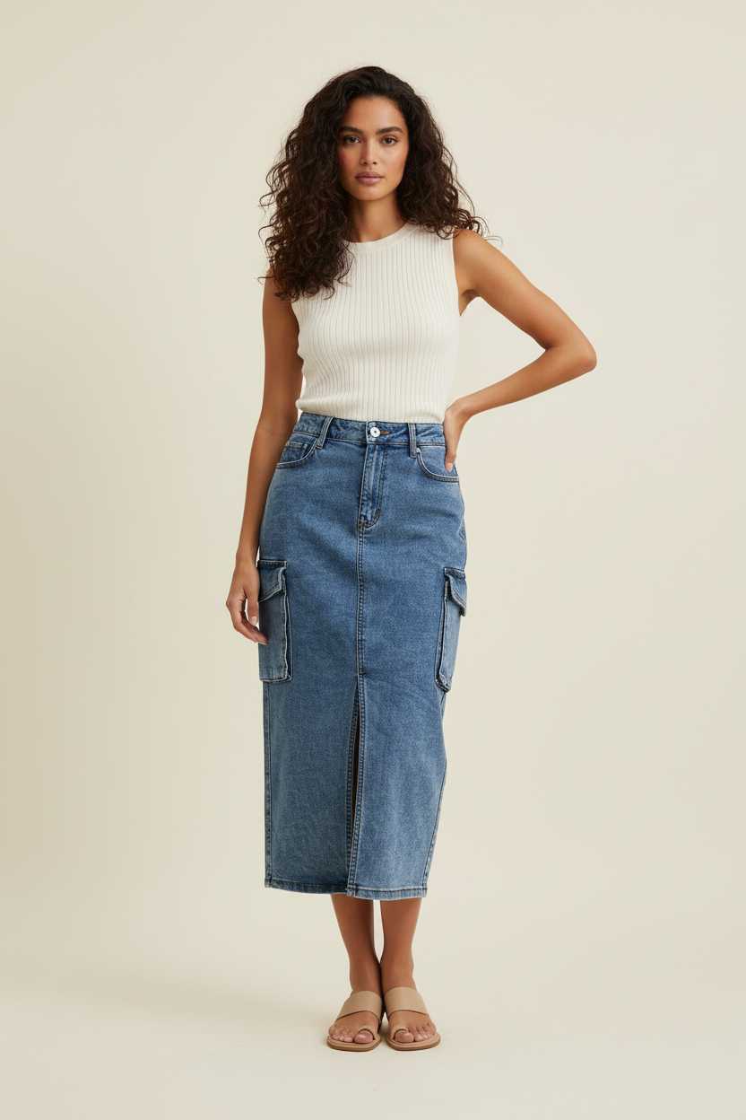 Gonna Matilda - Gonna midi in denim con tasche cargo e spacco frontale