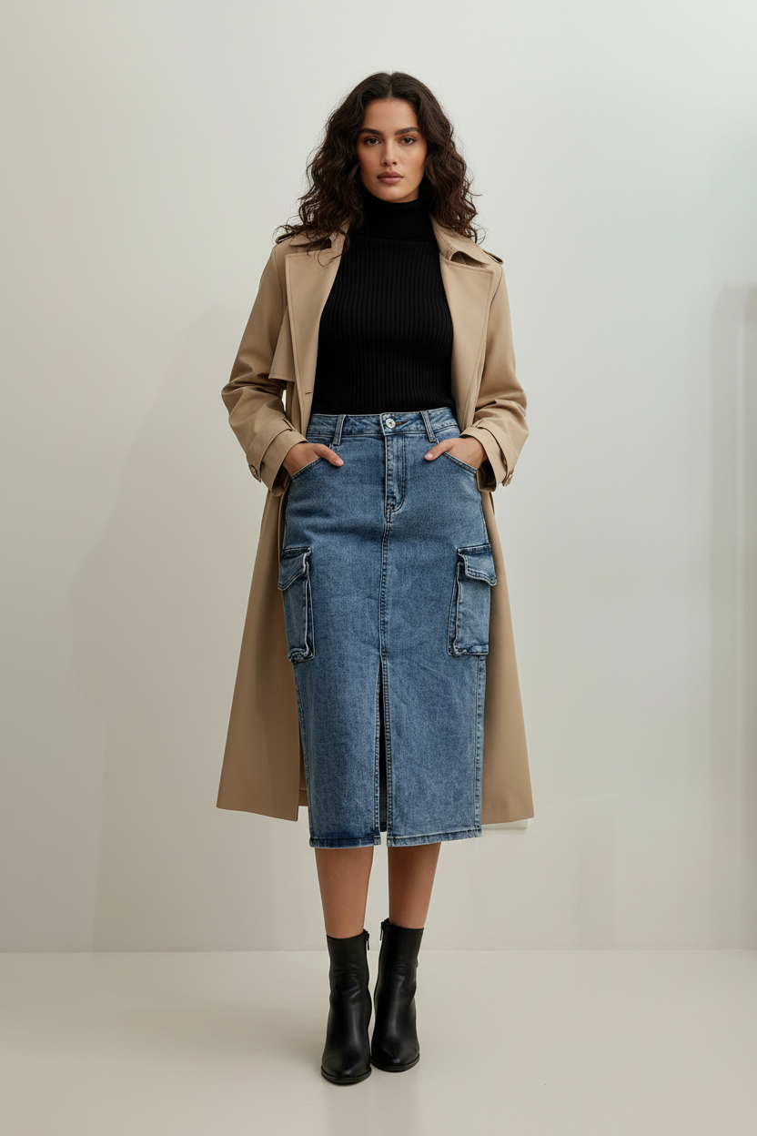 Gonna Matilda - Gonna midi in denim con tasche cargo e spacco frontale