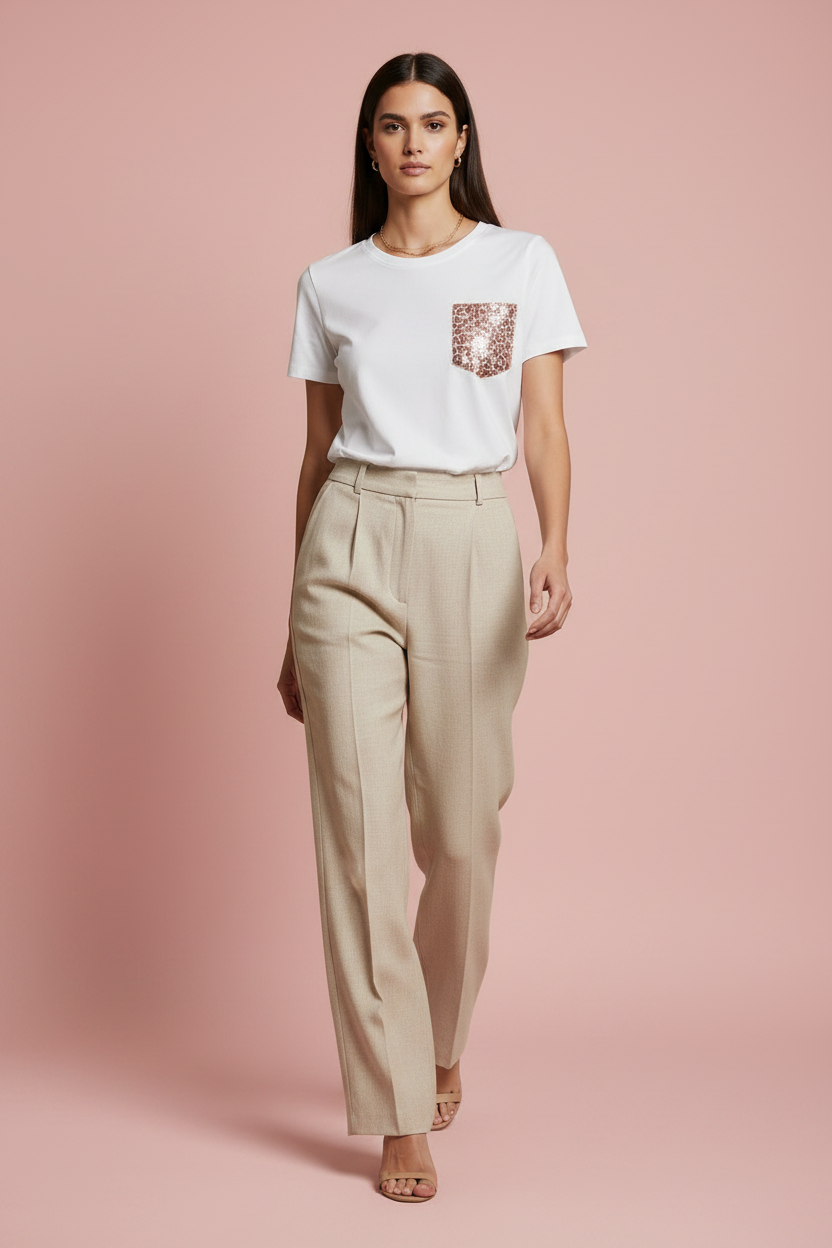 Maglia Tina – Cotone con Tasca Finta e Appliqué Strass