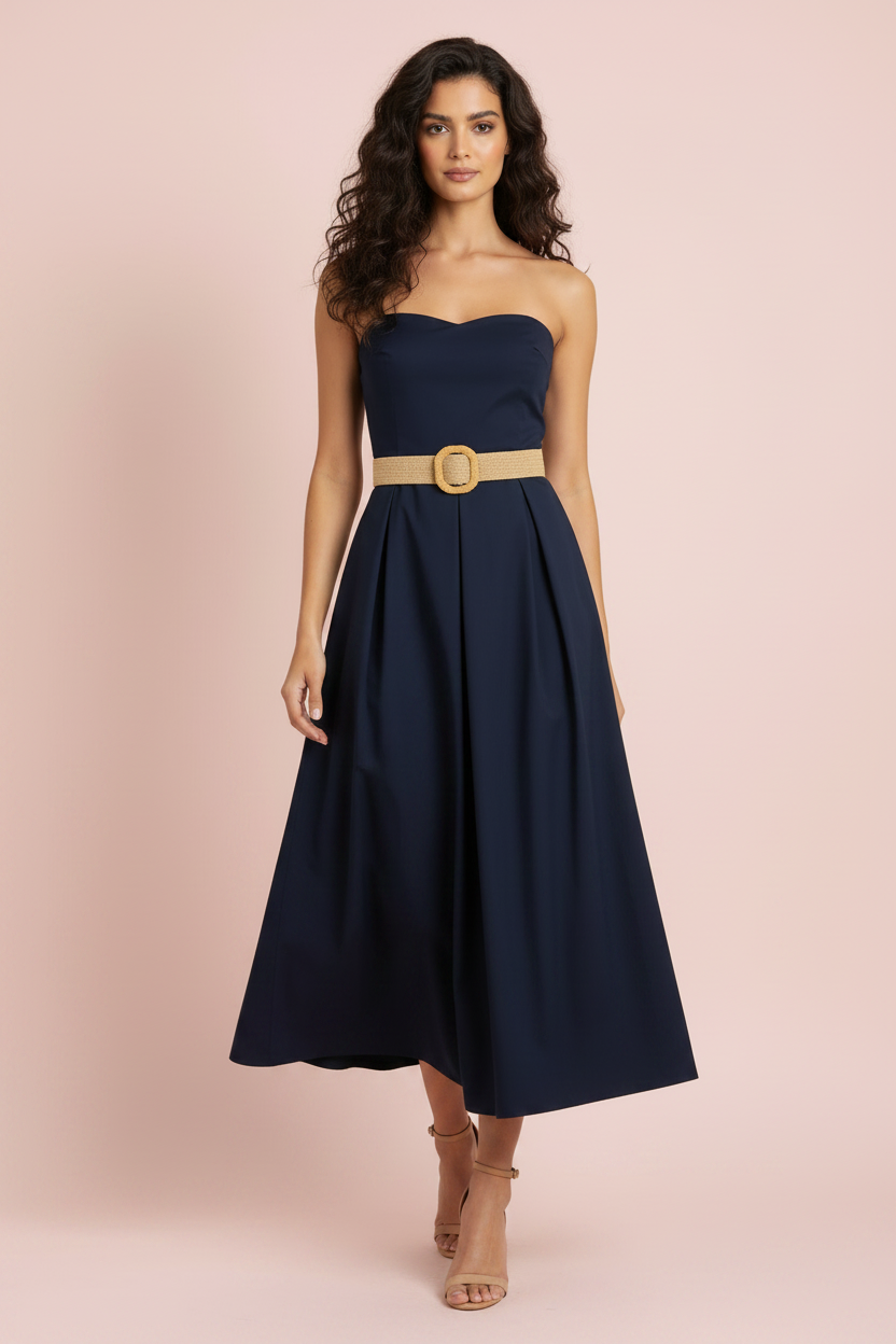 Vestito Selene - Abito Lungo Blu Senza Spalline con Cintura – Vestito Elegante Donna