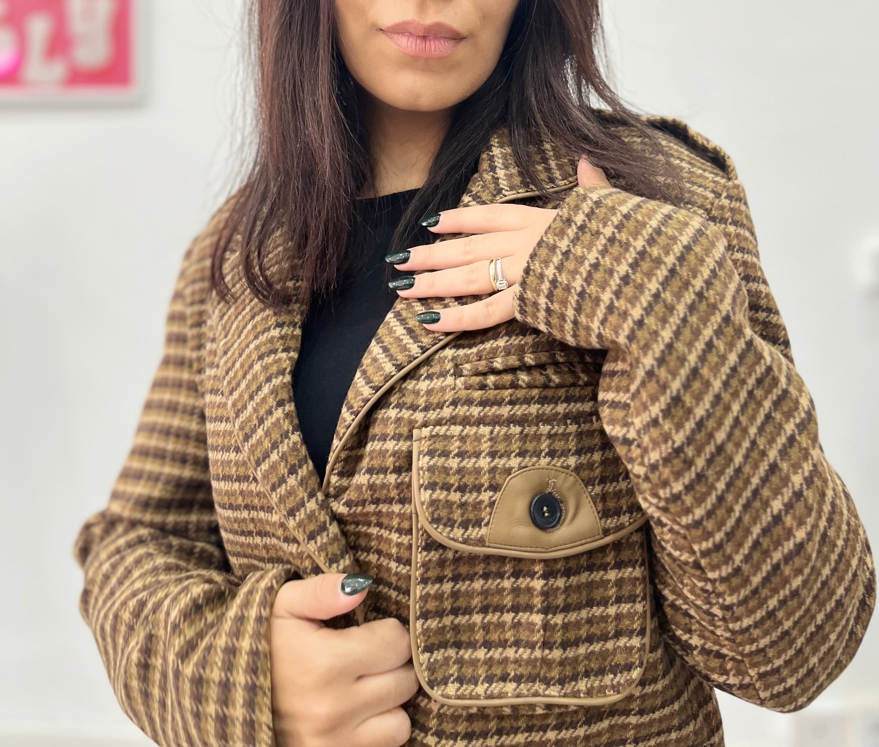 Giacca Elisabeth Quadri Caffè con Ecopelle - Giacca Elegante Donna