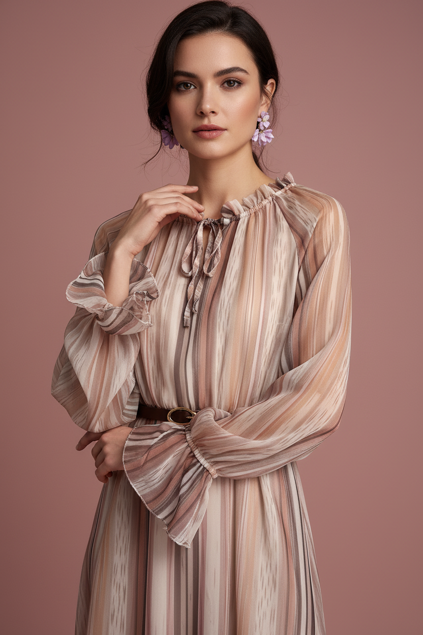 Vestito Carla – Abito Midi in Chiffon a Righe con Cintura