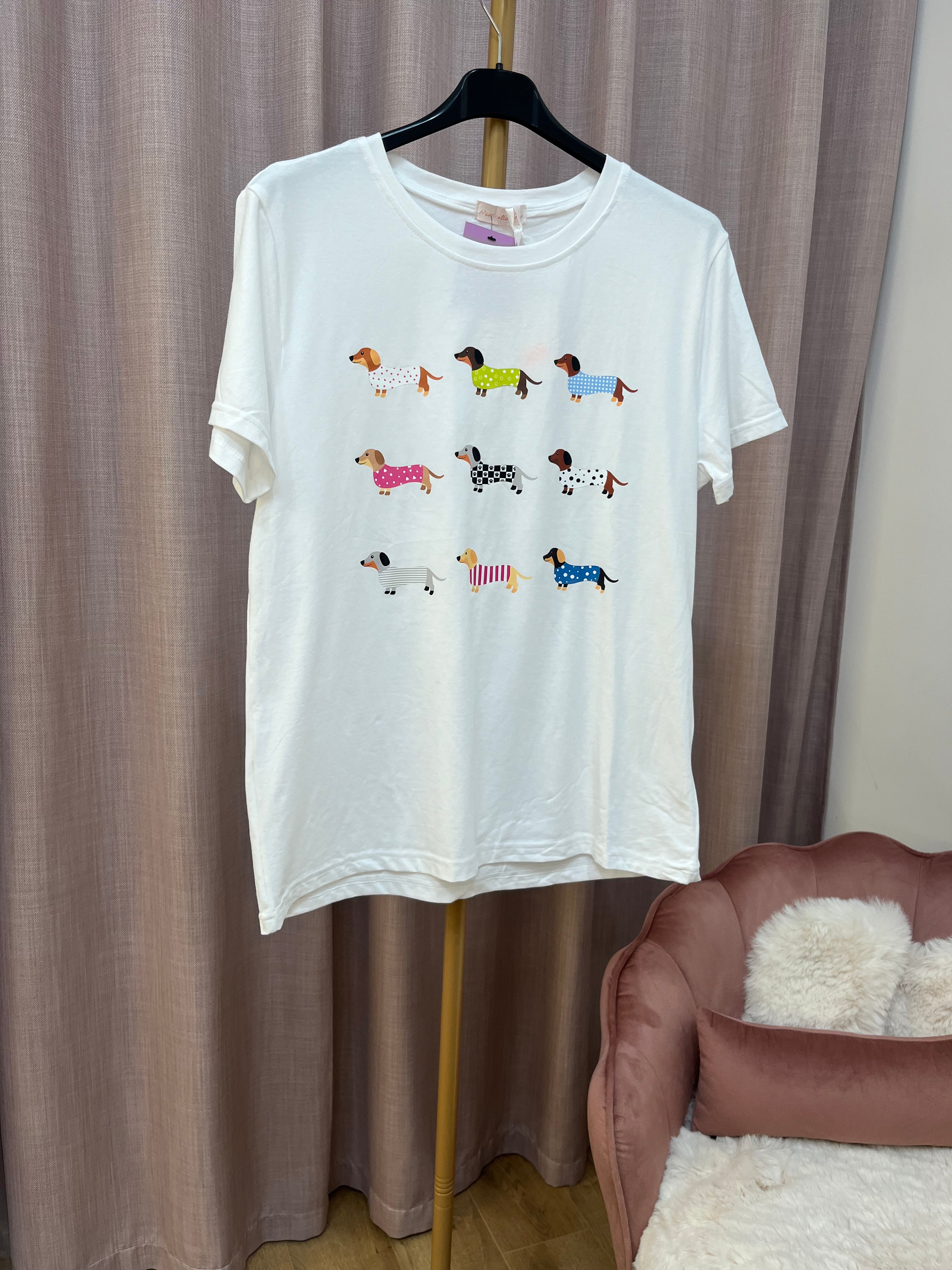 Maglia Berlino | T-shirt Donna Bianca con Bassotti Colorati – Maglia Casual Divertente