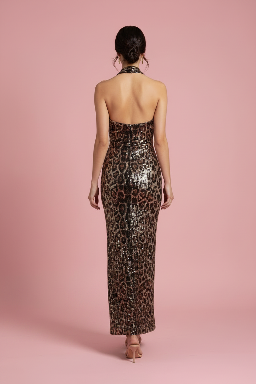 Vestito Beatrice – Abito Lungo con Cut-Out in Paillettes Animalier