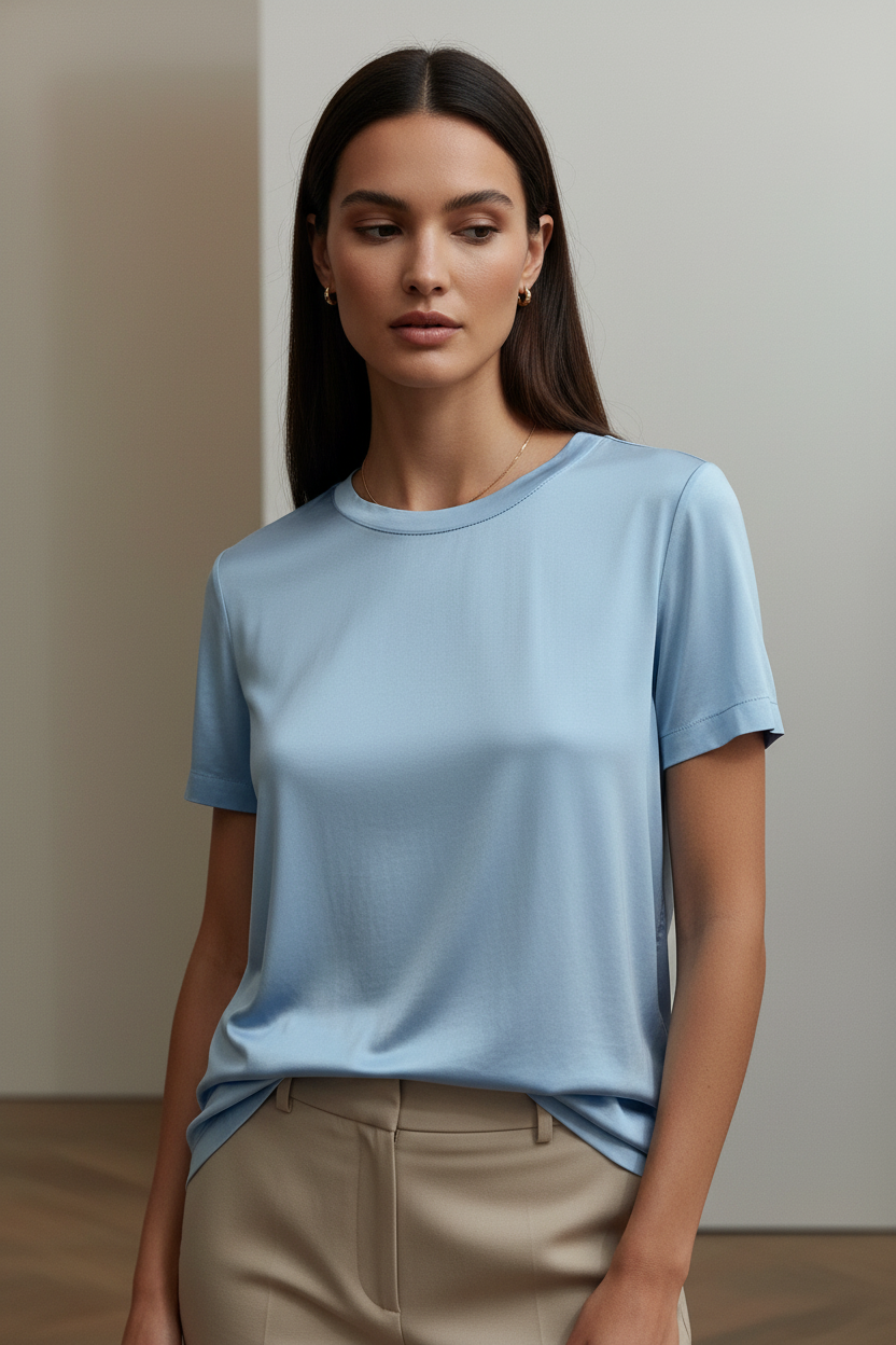 Maglia Satinata Azzurra Donna – T-Shirt Elegante Morbida e Luminosa