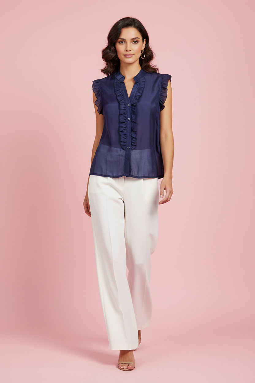 Blusa Arlette – Camicetta con Rouches in Voile Blu