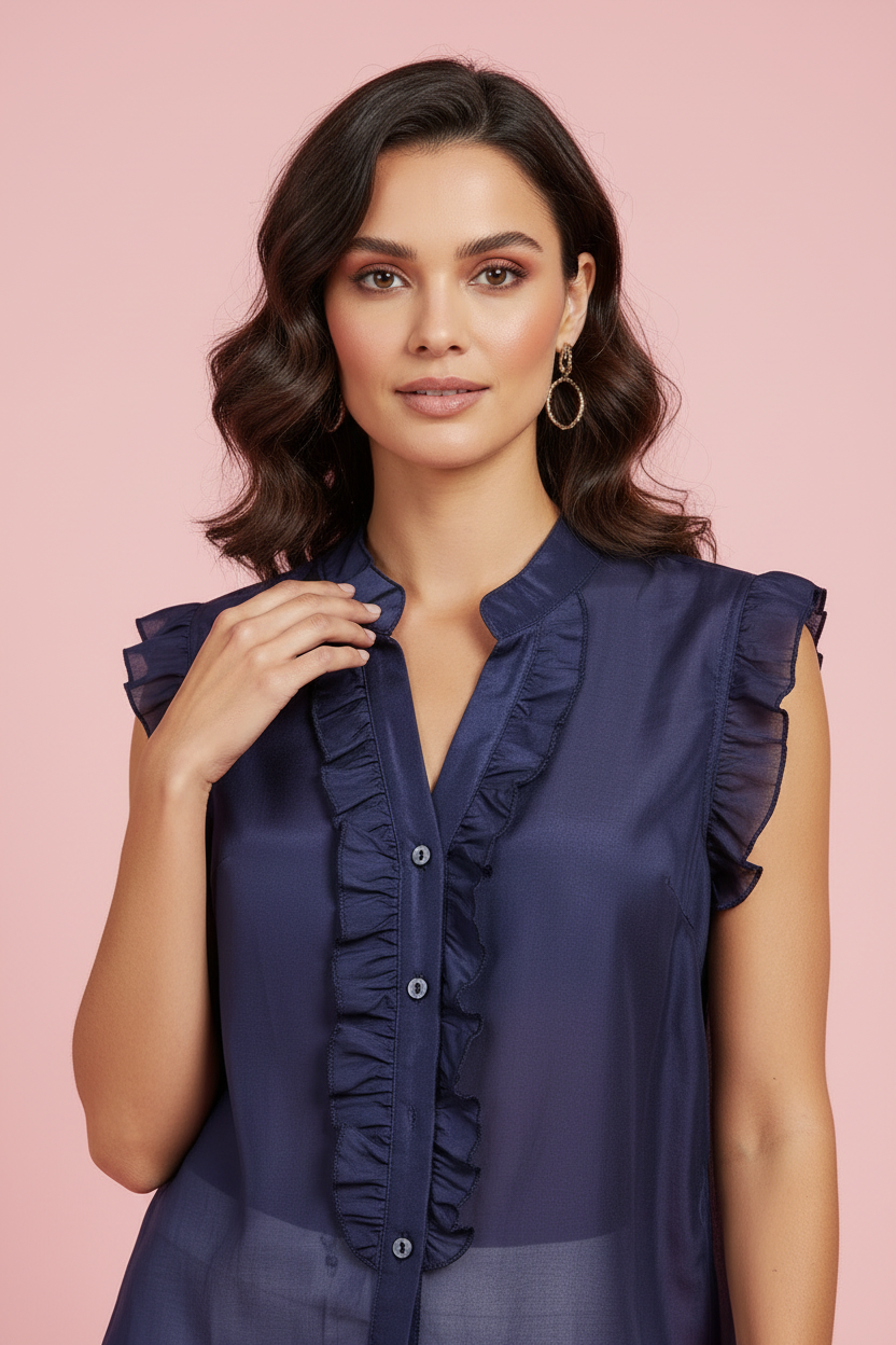 Blusa Arlette – Camicetta con Rouches in Voile Blu