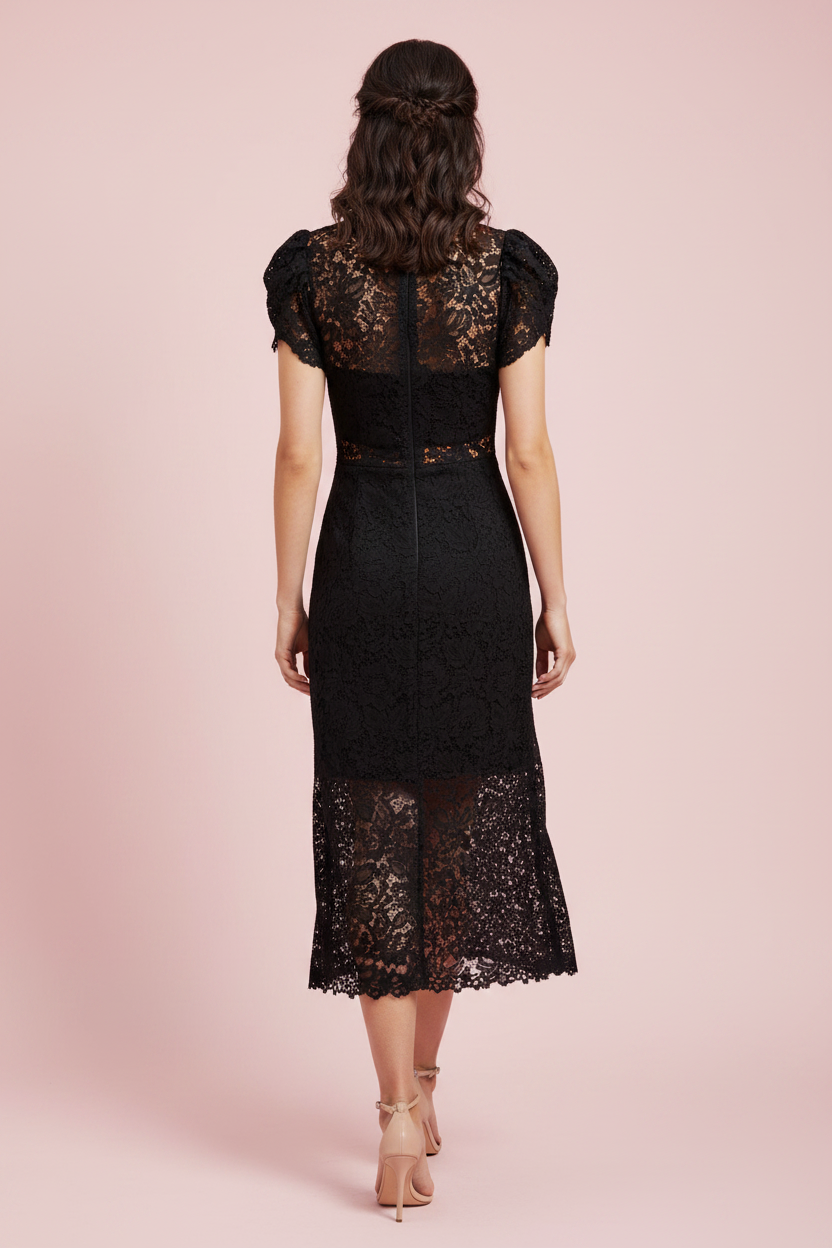 Vestito Pina - Abito Midi in Pizzo Nero con Scollo a V e Maniche Volant