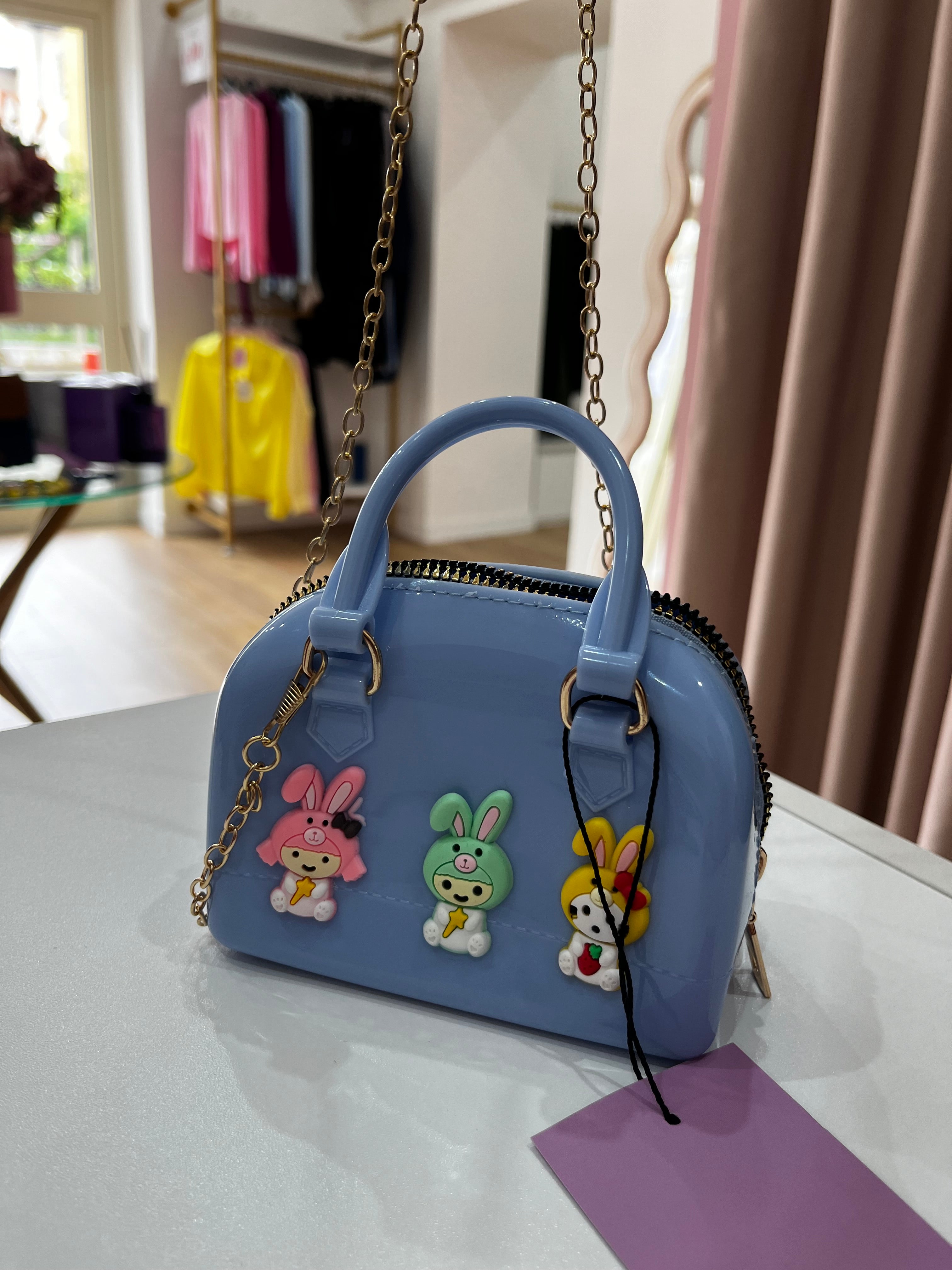 Borsa Mini Bauletto Donna in Silicone Blu/Rosso con Tracolla a Catena e Coniglietti Kawaii