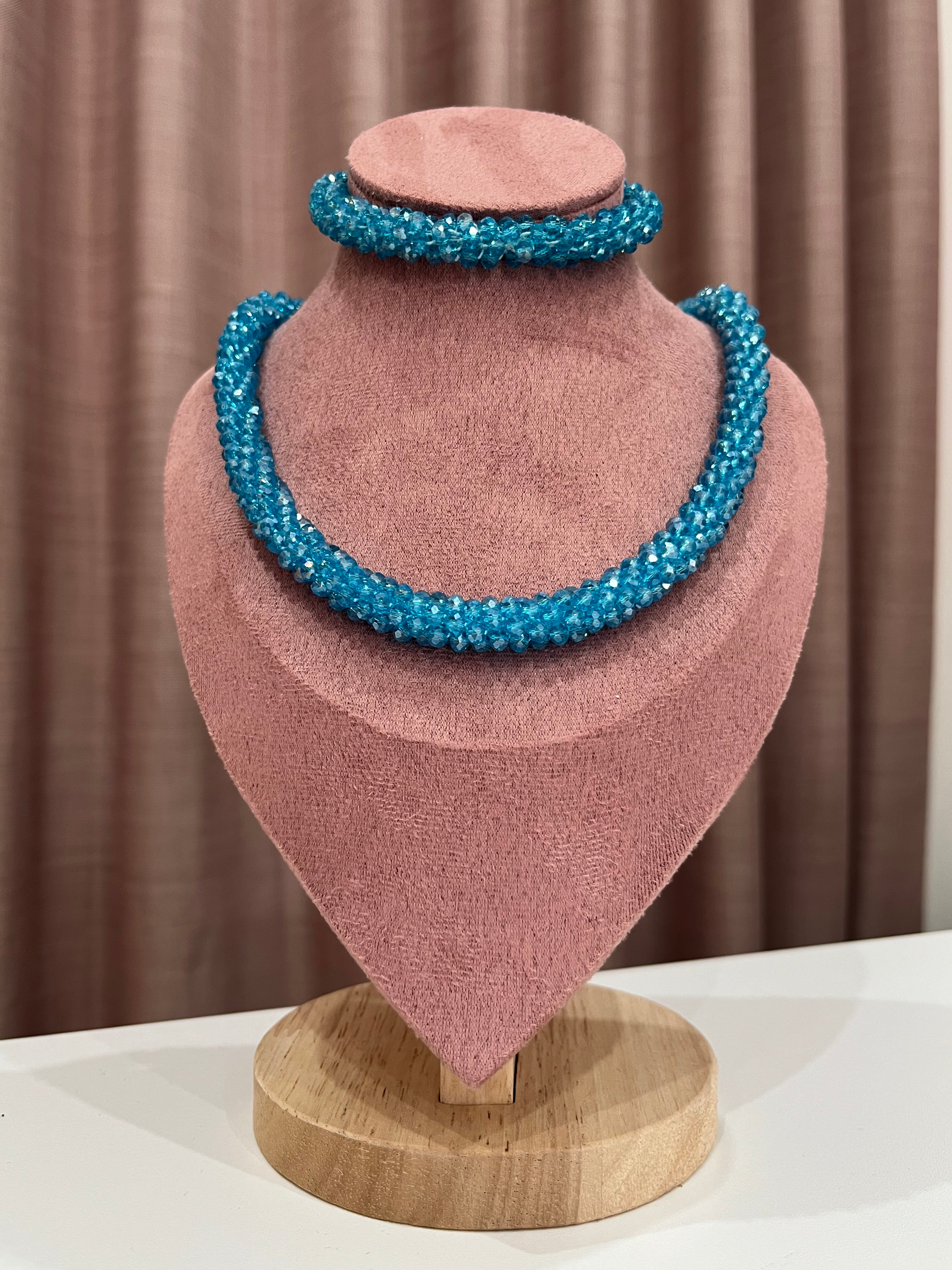 Set Gioielli Scintillante Collana e Bracciale Cristallo Sfaccettato Azzurro