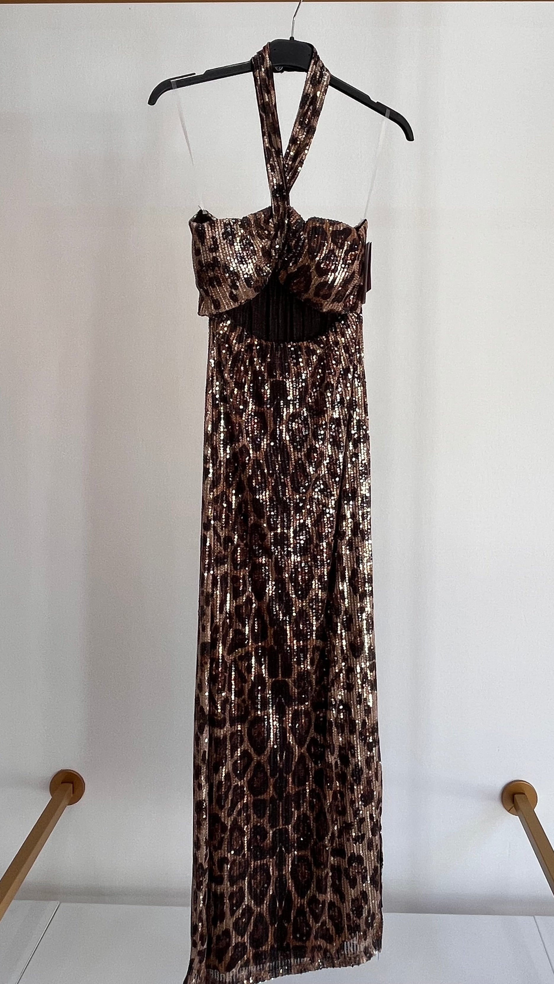 Vestito Beatrice – Abito Lungo con Cut-Out in Paillettes Animalier