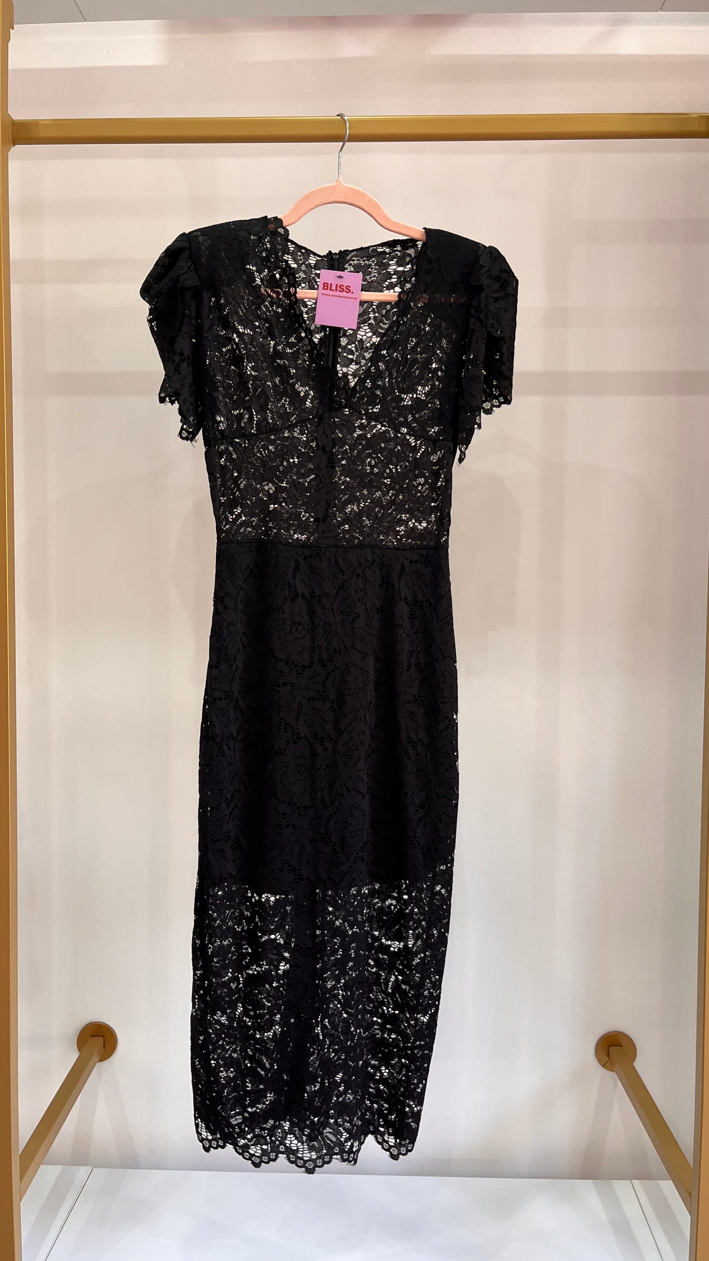 Vestito Pina - Abito Midi in Pizzo Nero con Scollo a V e Maniche Volant