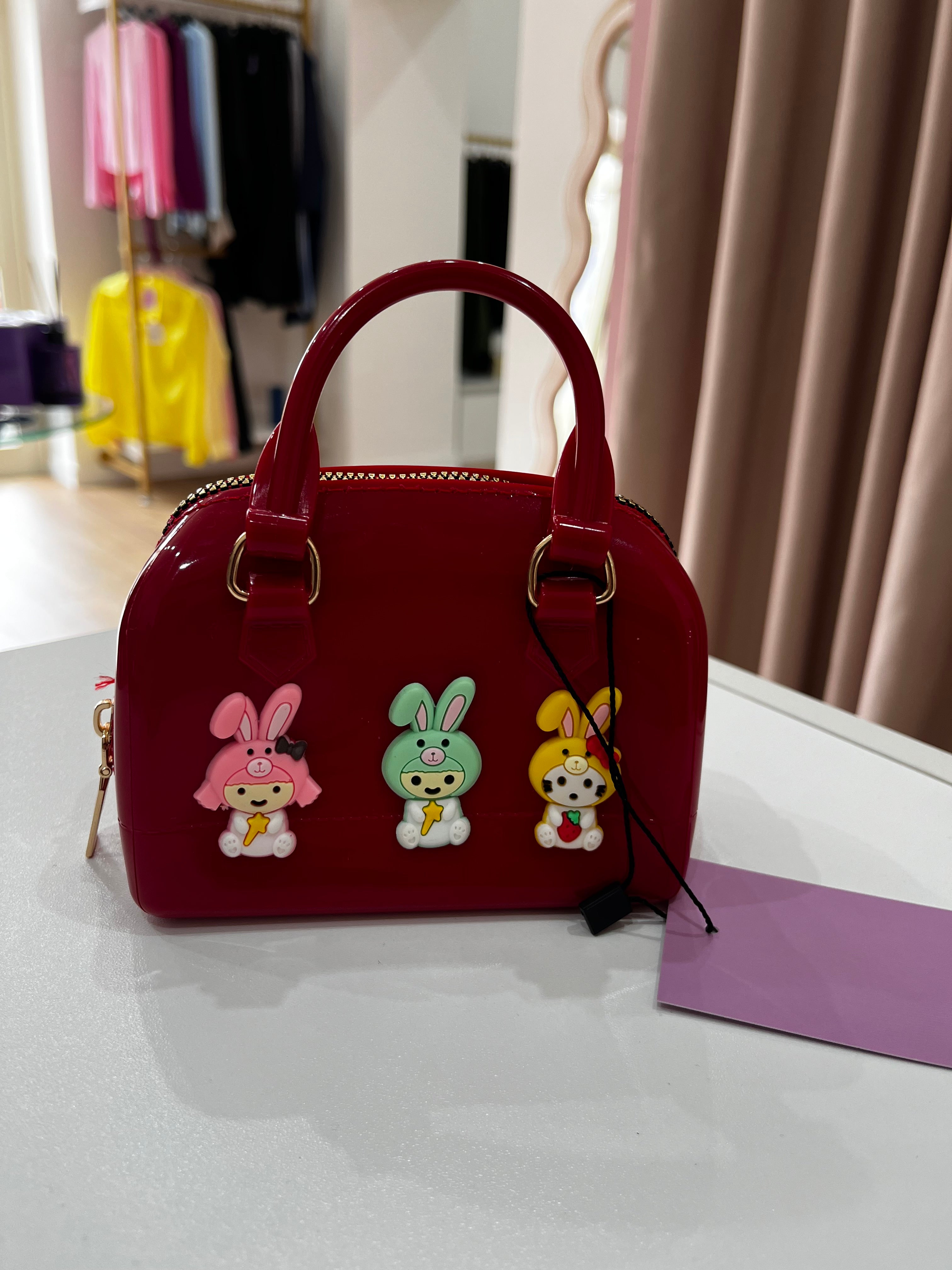 Borsa Mini Bauletto Donna in Silicone Blu/Rosso con Tracolla a Catena e Coniglietti Kawaii
