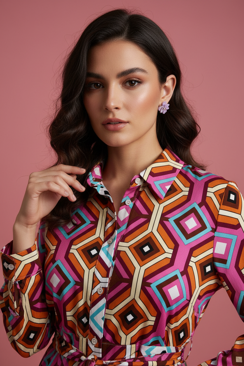 Vestito Gisella – Abito Chemisier Mini con Stampa Geometrica