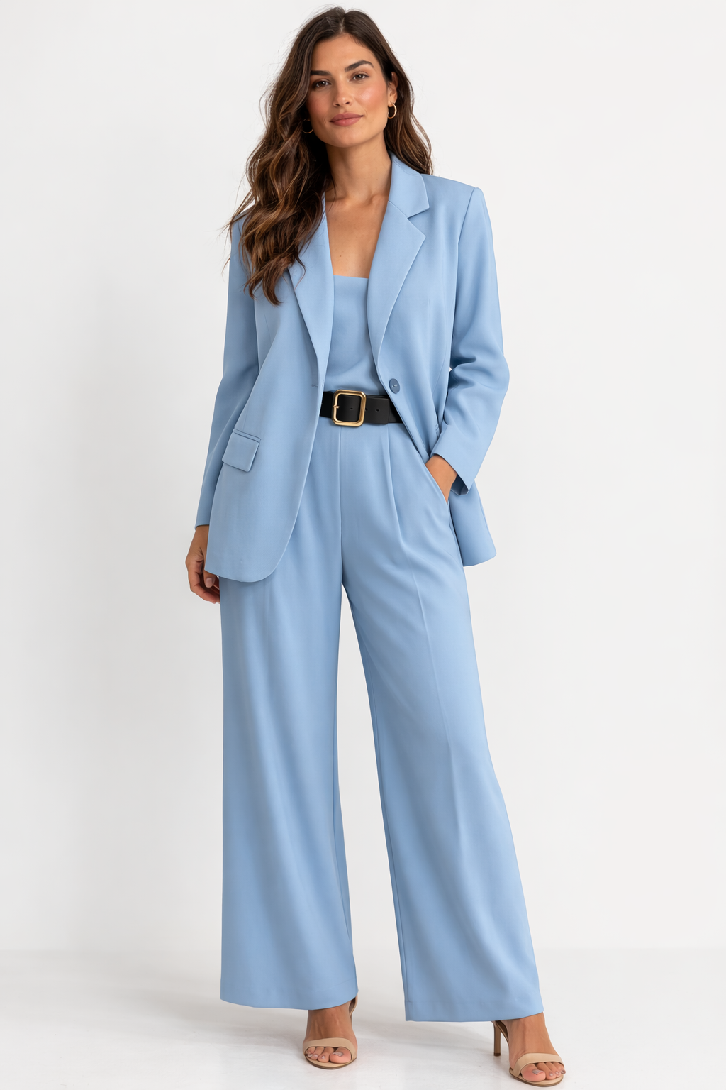 Tailleur Marta Celeste con Blazer e Pantaloni – Completo Donna Elegante con Cintura