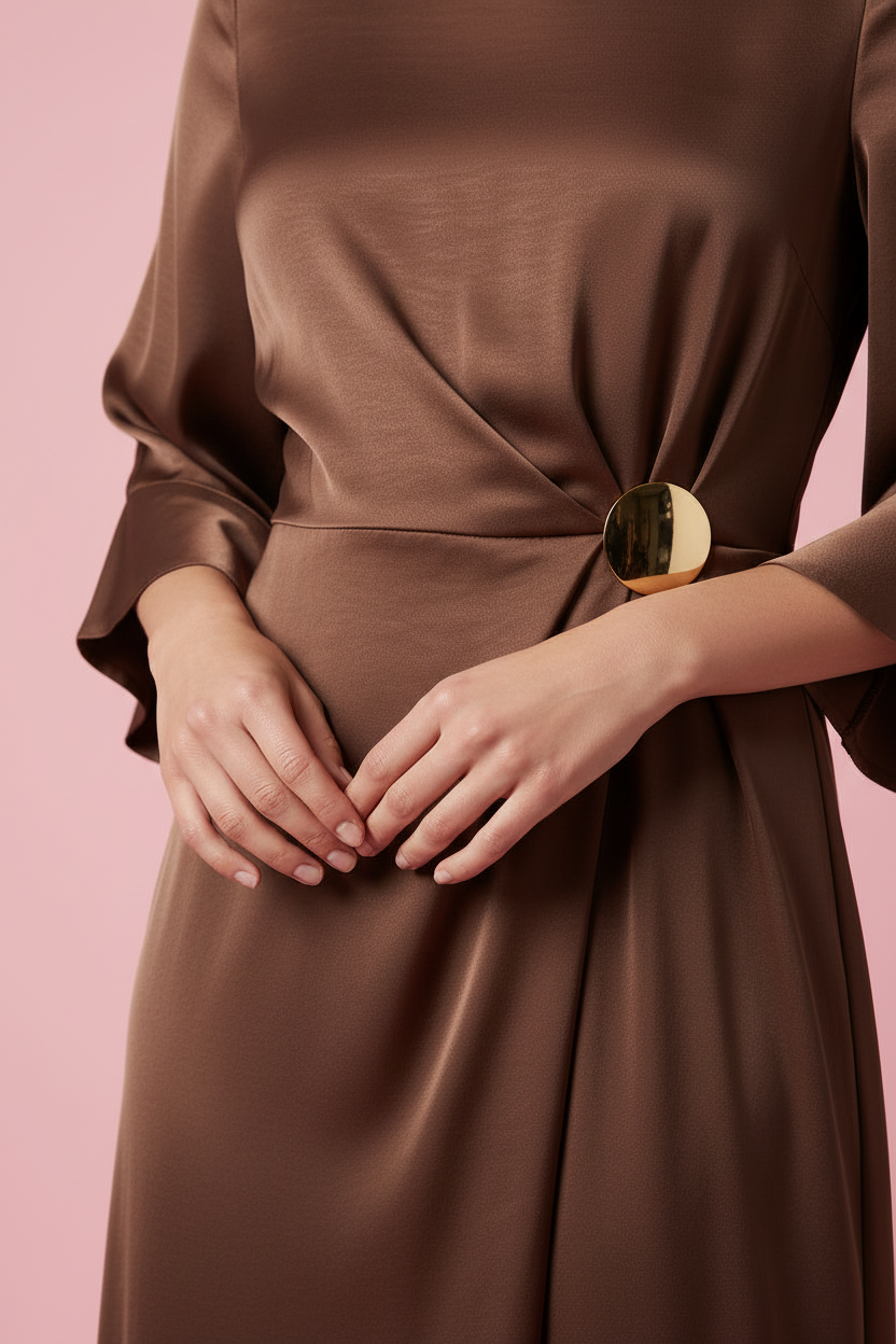 Abito Nina – Abito Lungo in Raso con Spilla Dorata