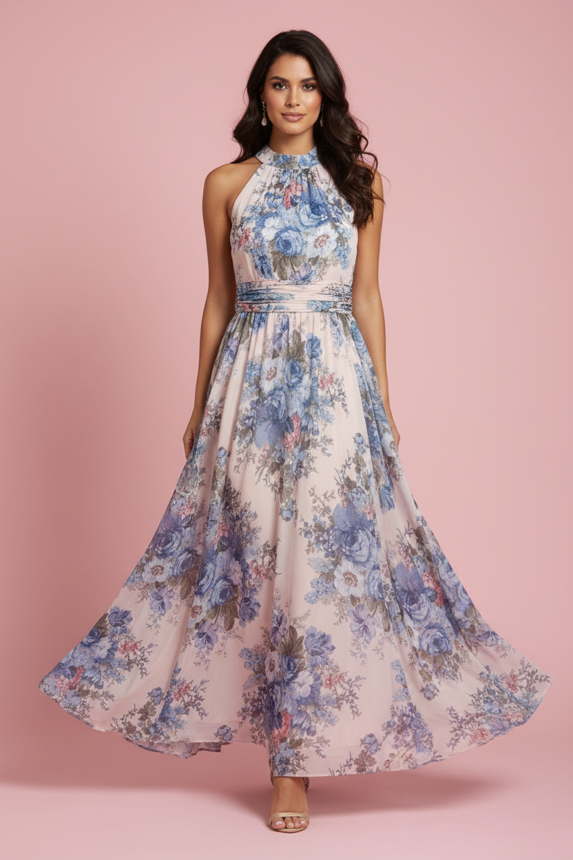 Abito Flavia – Maxi Dress Floreale con Scollo all'Americana