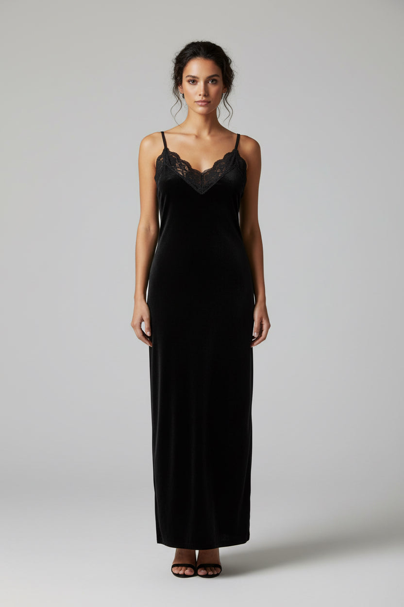 Abito Stella Velluto Nero con Pizzo - Vestito Elegante Donna