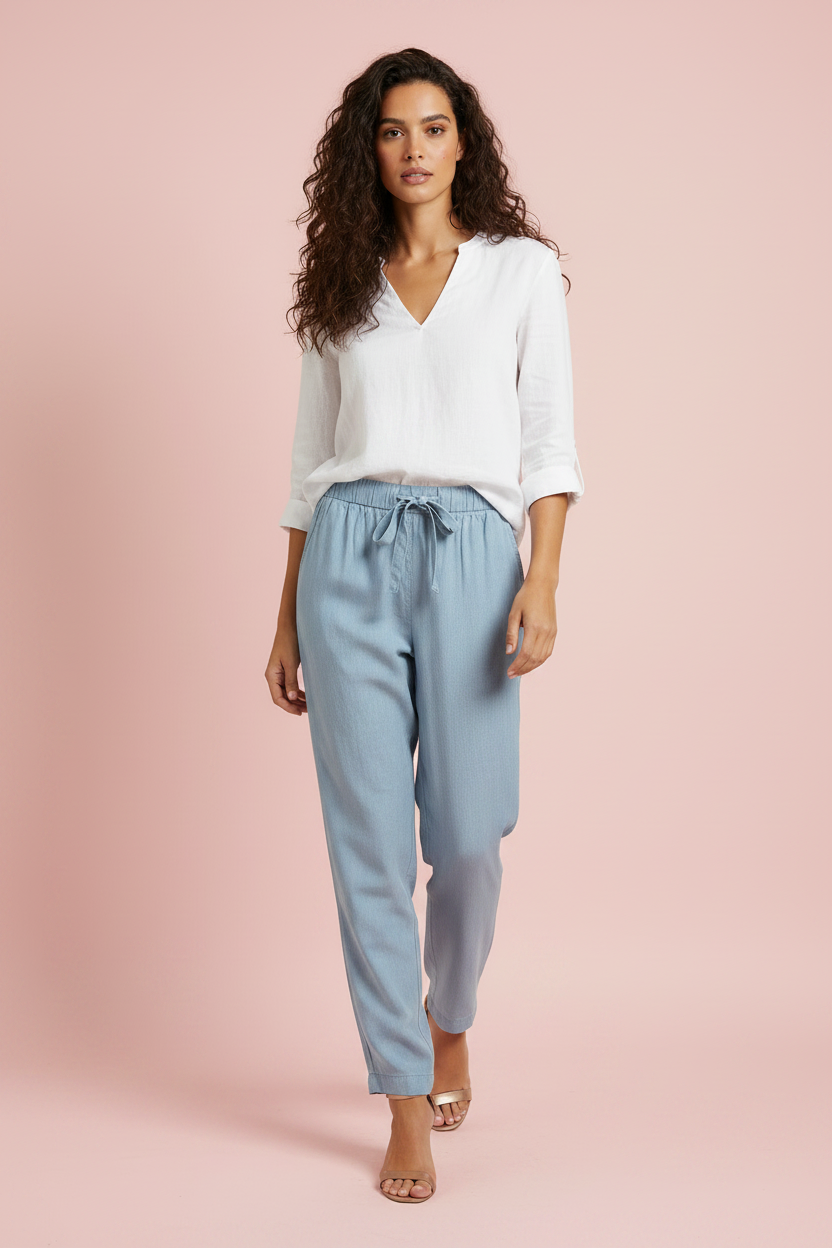 Pantaloni Jogger in Tencel Effetto Denim Chiaro con Vita Elastica