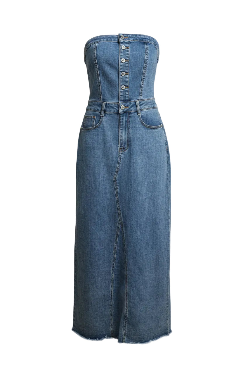 Vestito Eloisa - Vestito lungo in denim con corpetto a corsetto e bottoni