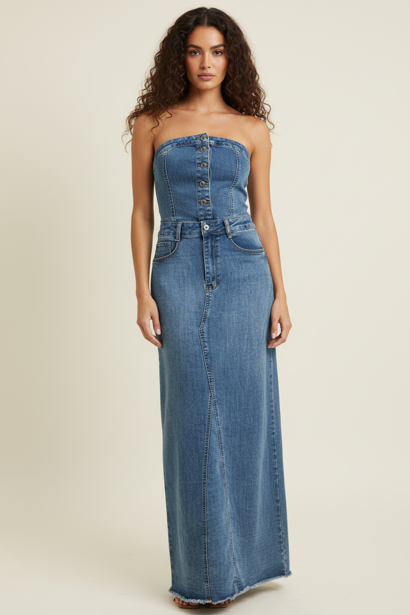 Vestito Eloisa - Vestito lungo in denim con corpetto a corsetto e bottoni