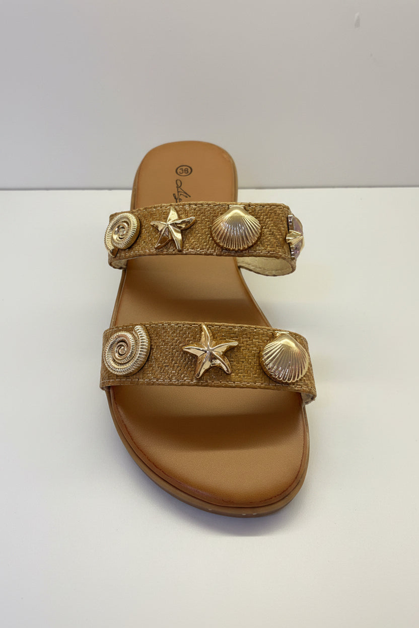 Sandali Marina – Ciabatta Doppia Fascia con Charms Marini Dorati