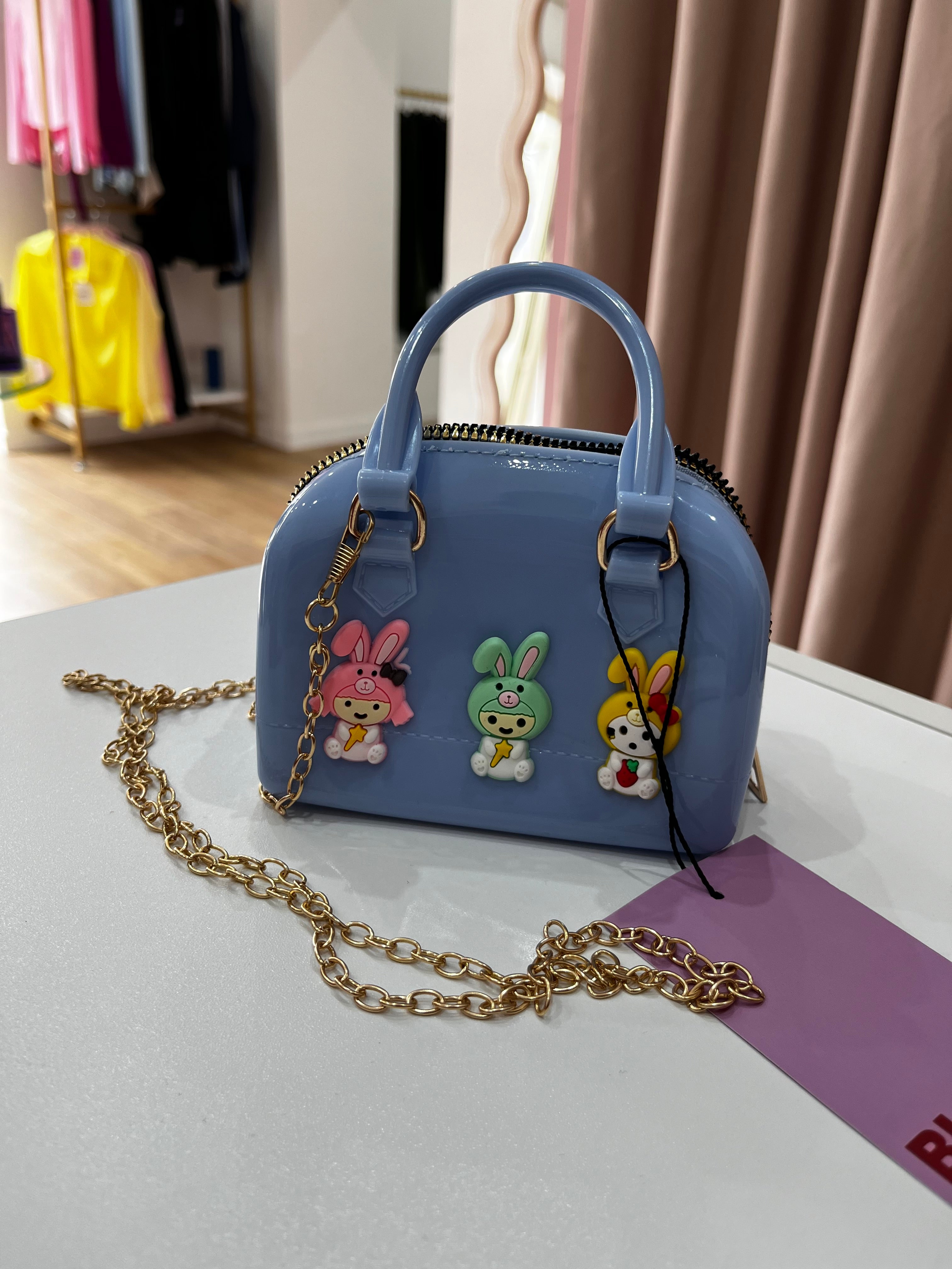 Borsa Mini Bauletto Donna in Silicone Blu/Rosso con Tracolla a Catena e Coniglietti Kawaii