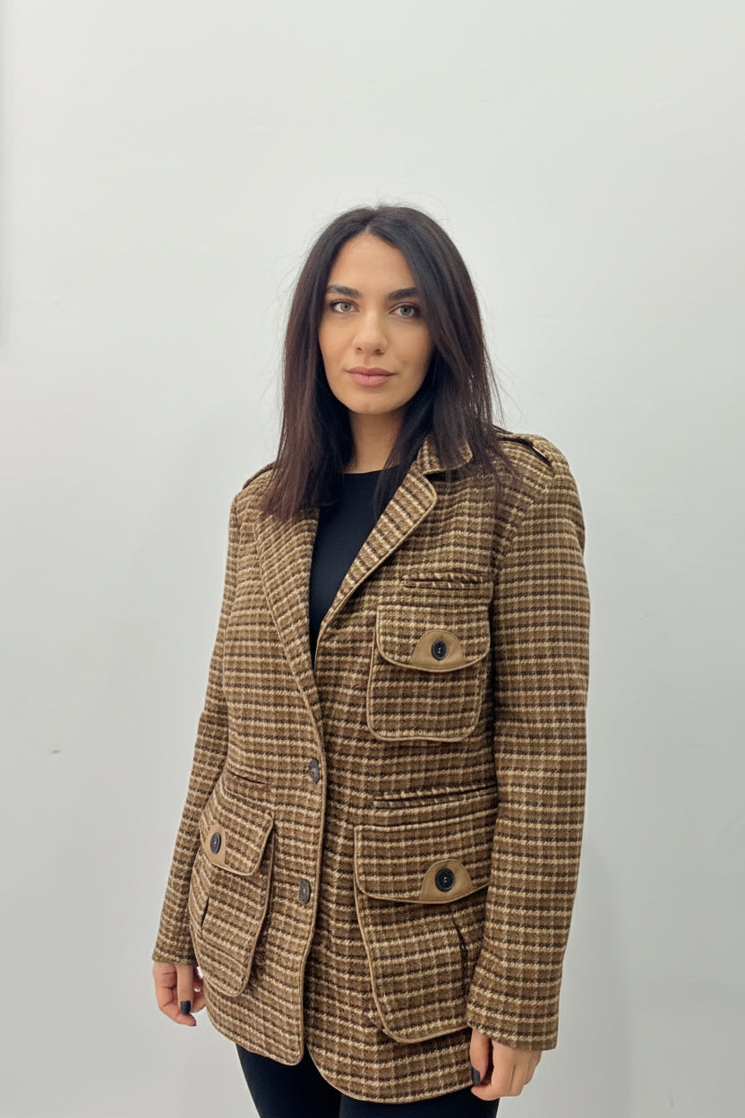 Giacca Elisabeth Quadri Caffè con Ecopelle - Giacca Elegante Donna