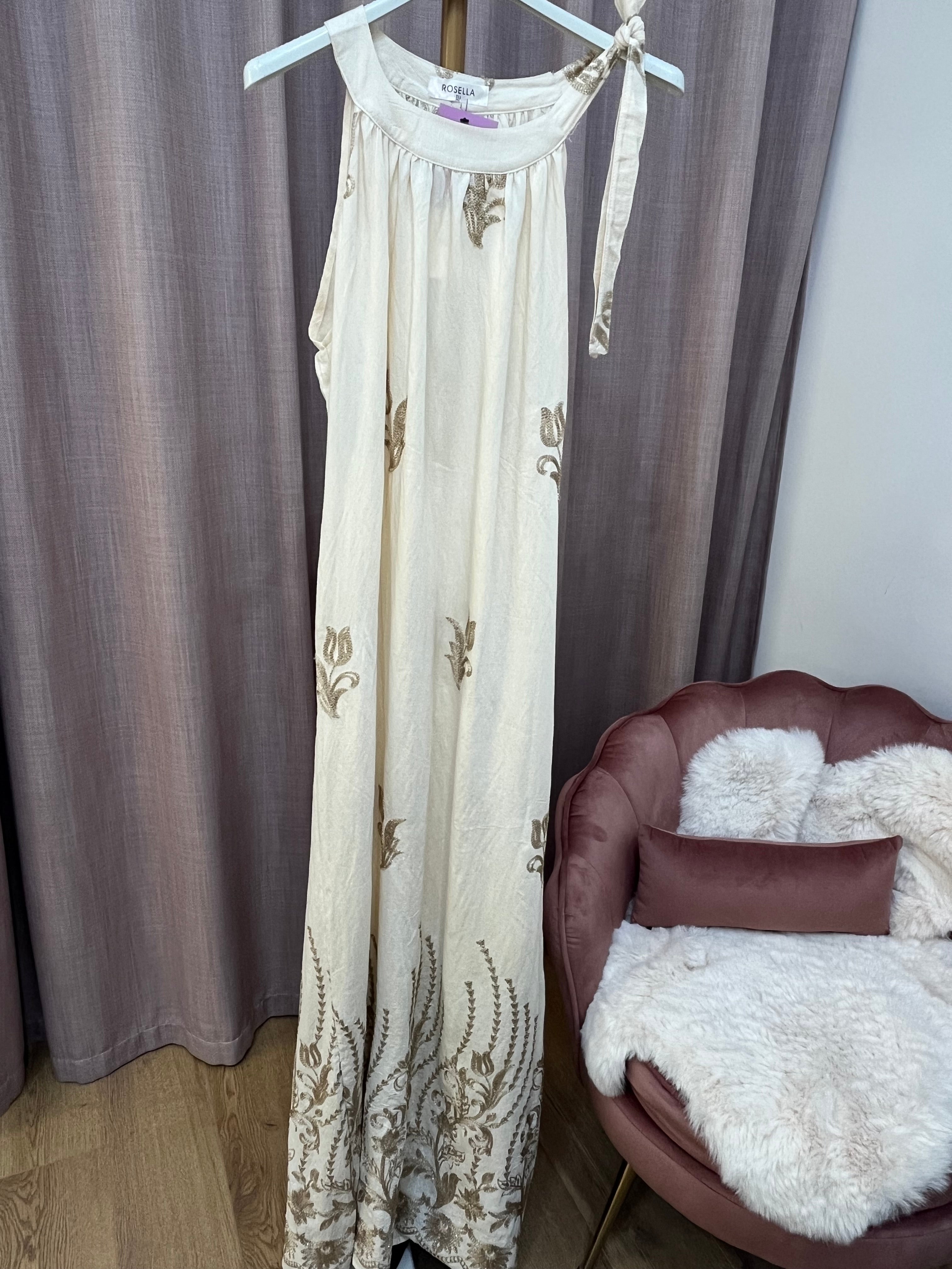 Vestito Romina - Abito Lungo Beige con Stampa Floreale – Vestito Elegante Donna Estivo