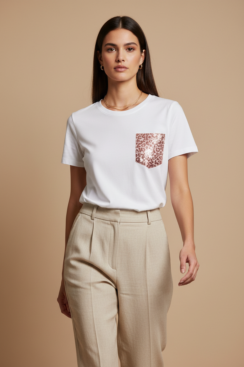 Maglia Tina – Cotone con Tasca Finta e Appliqué Strass