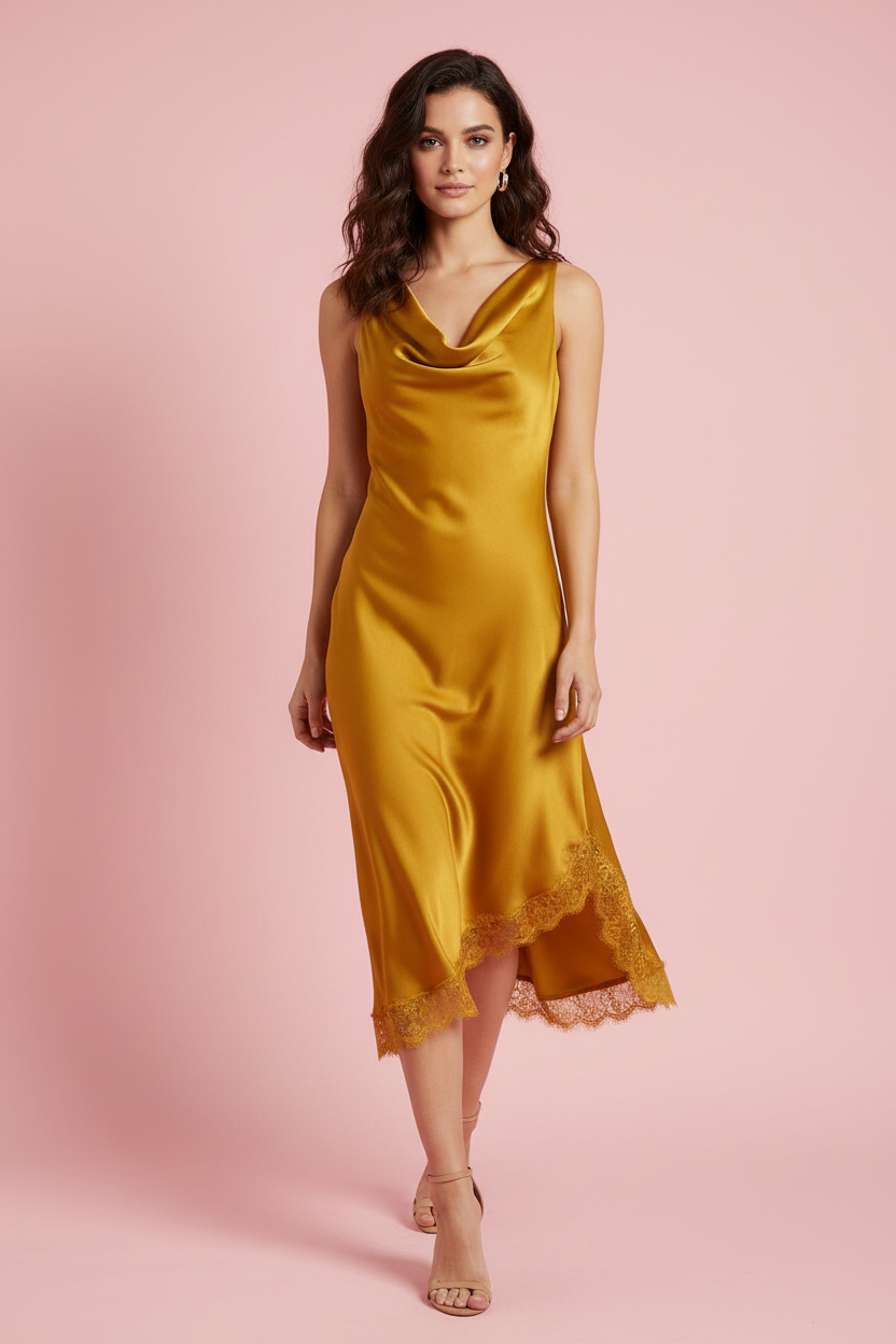 Abito Alexa — Midi Asimmetrico Halter con Orlo in Pizzo
