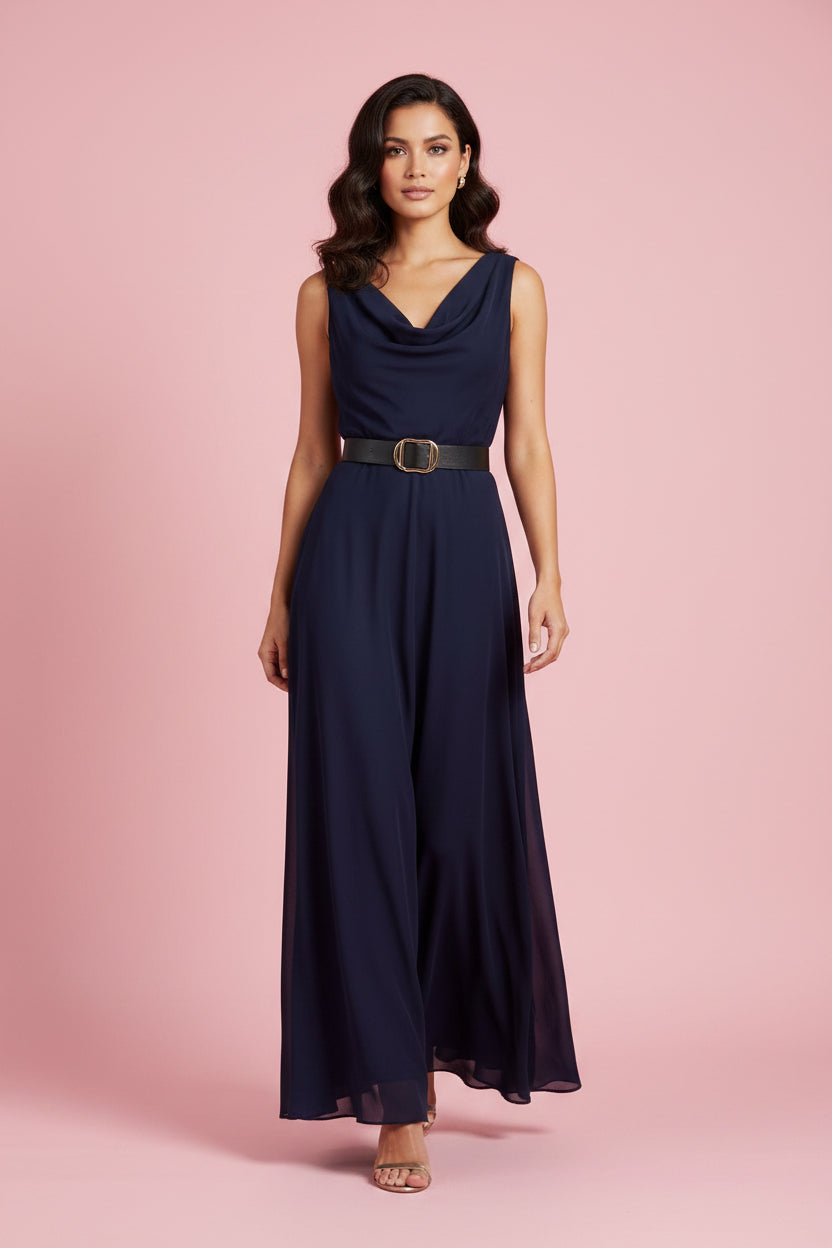 Vestito Arlene – Abito Lungo da Sera con Scollo a Cascata e Cintura
