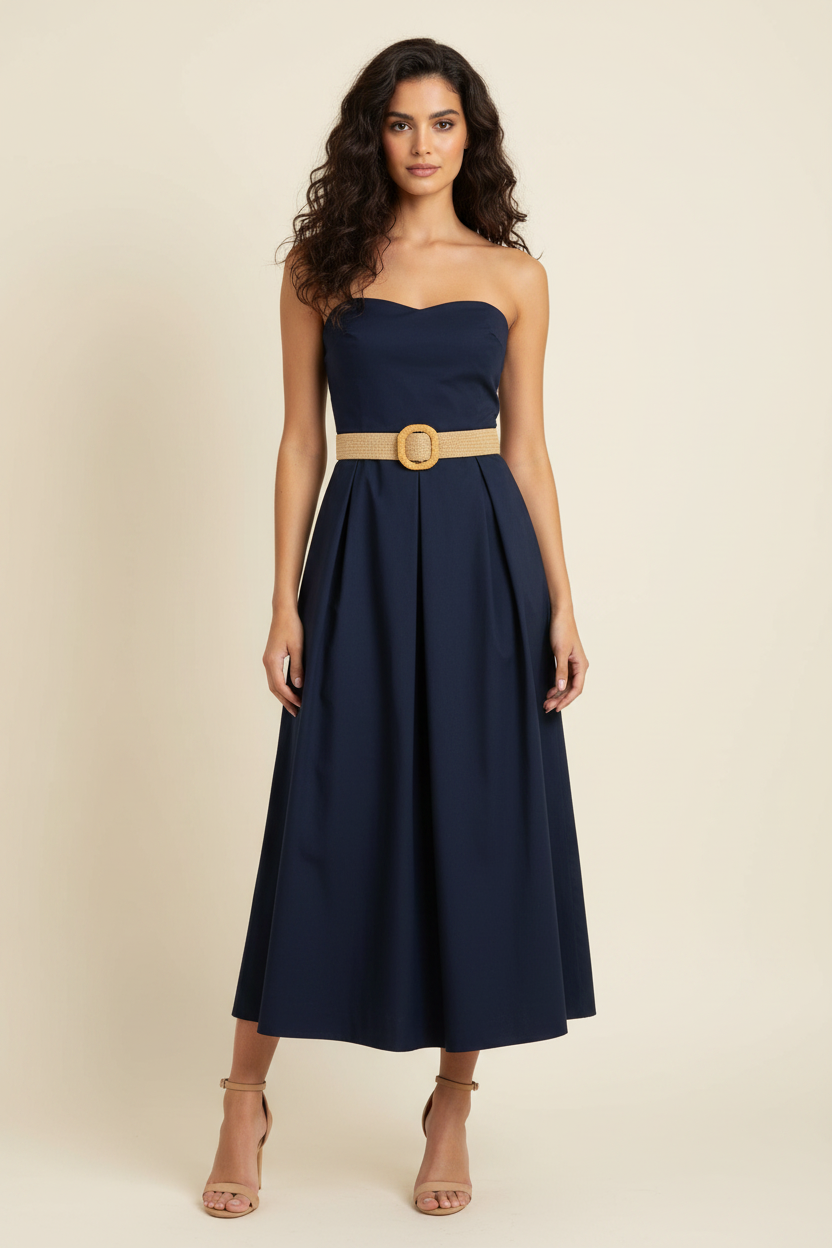 Vestito Selene - Abito Lungo Blu Senza Spalline con Cintura – Vestito Elegante Donna