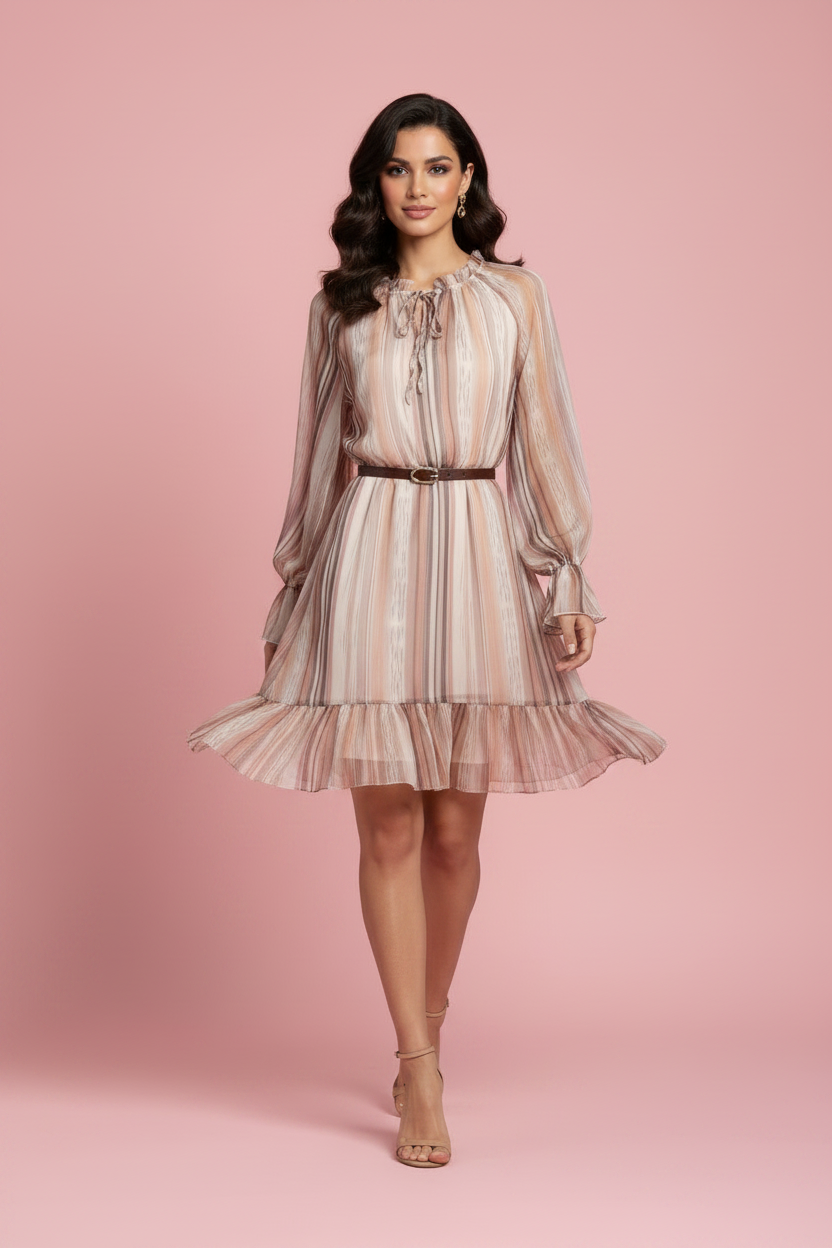 Vestito Carla – Abito Midi in Chiffon a Righe con Cintura