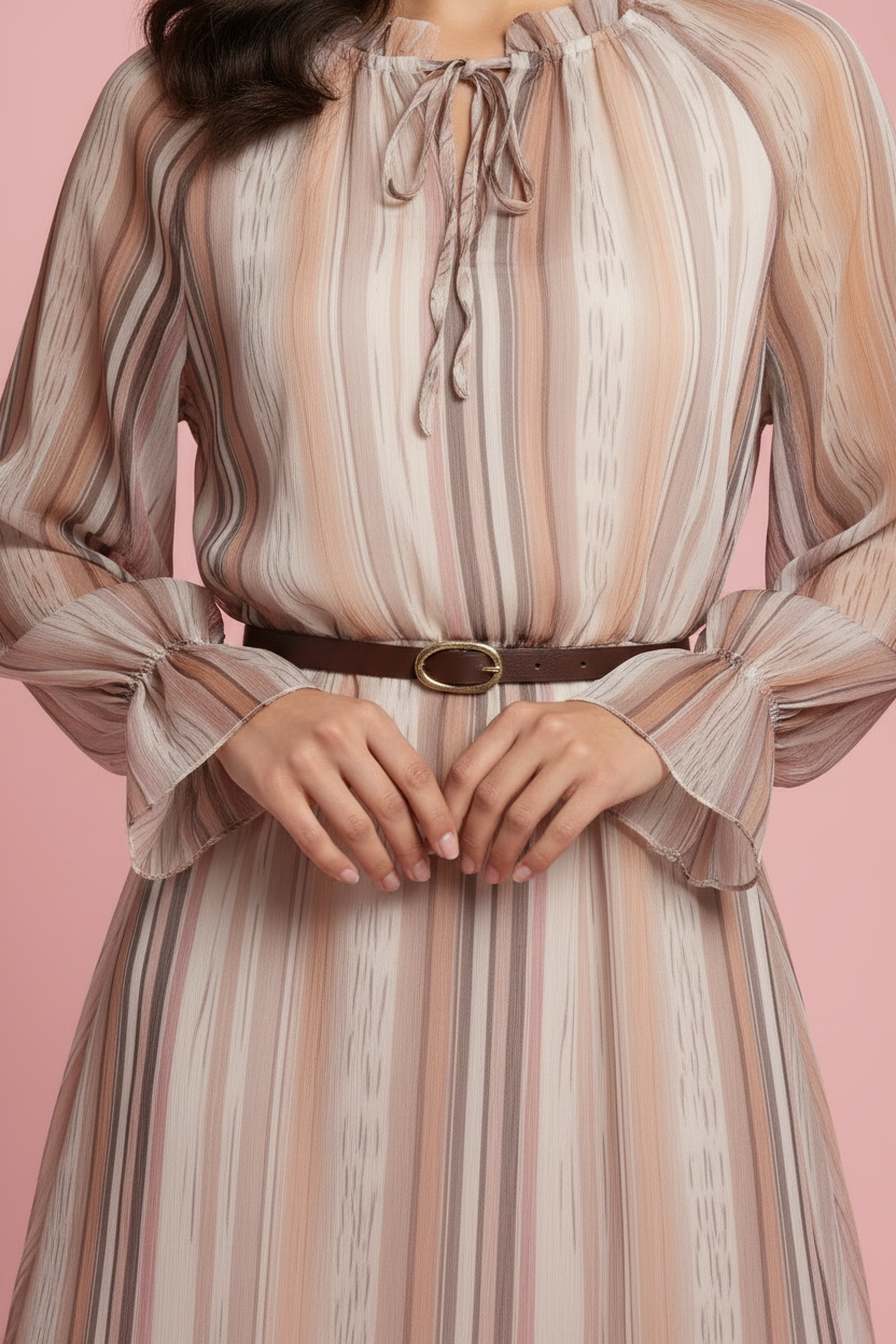 Vestito Carla – Abito Midi in Chiffon a Righe con Cintura