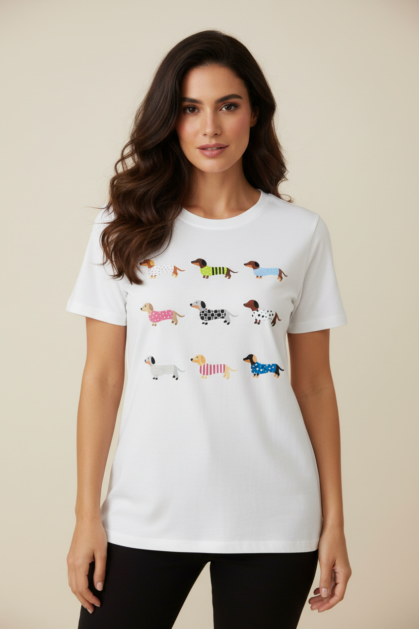 Maglia Berlino | T-shirt Donna Bianca con Bassotti Colorati – Maglia Casual Divertente