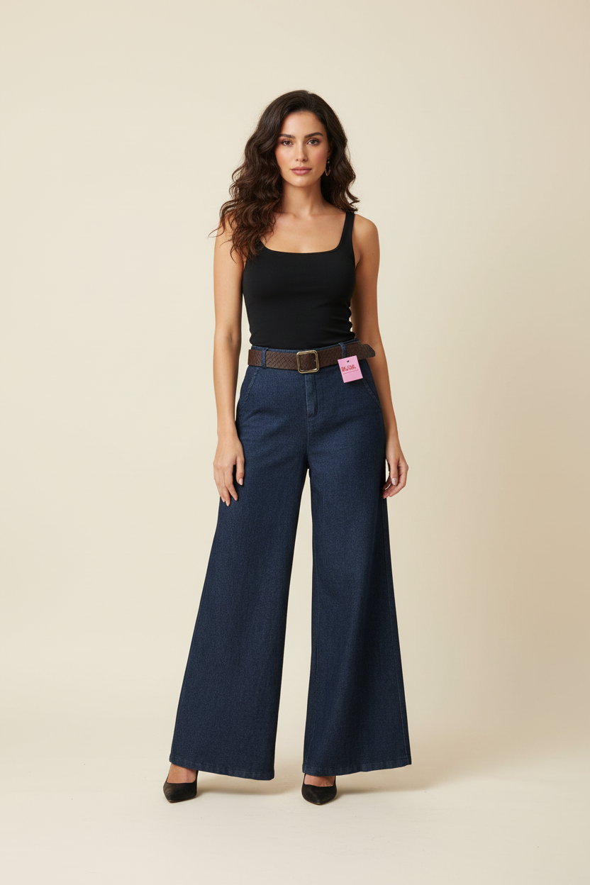 Jeans Rosa - Pantalone Palazzo in Denim con Cintura Intrecciata