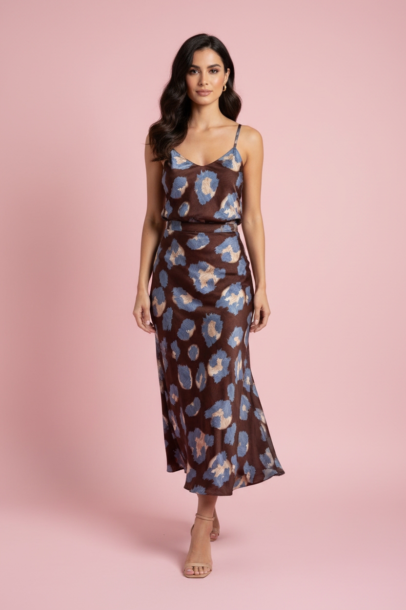 Coordinato Fedora – Top e Gonna Midi in Raso Stampa Animalier