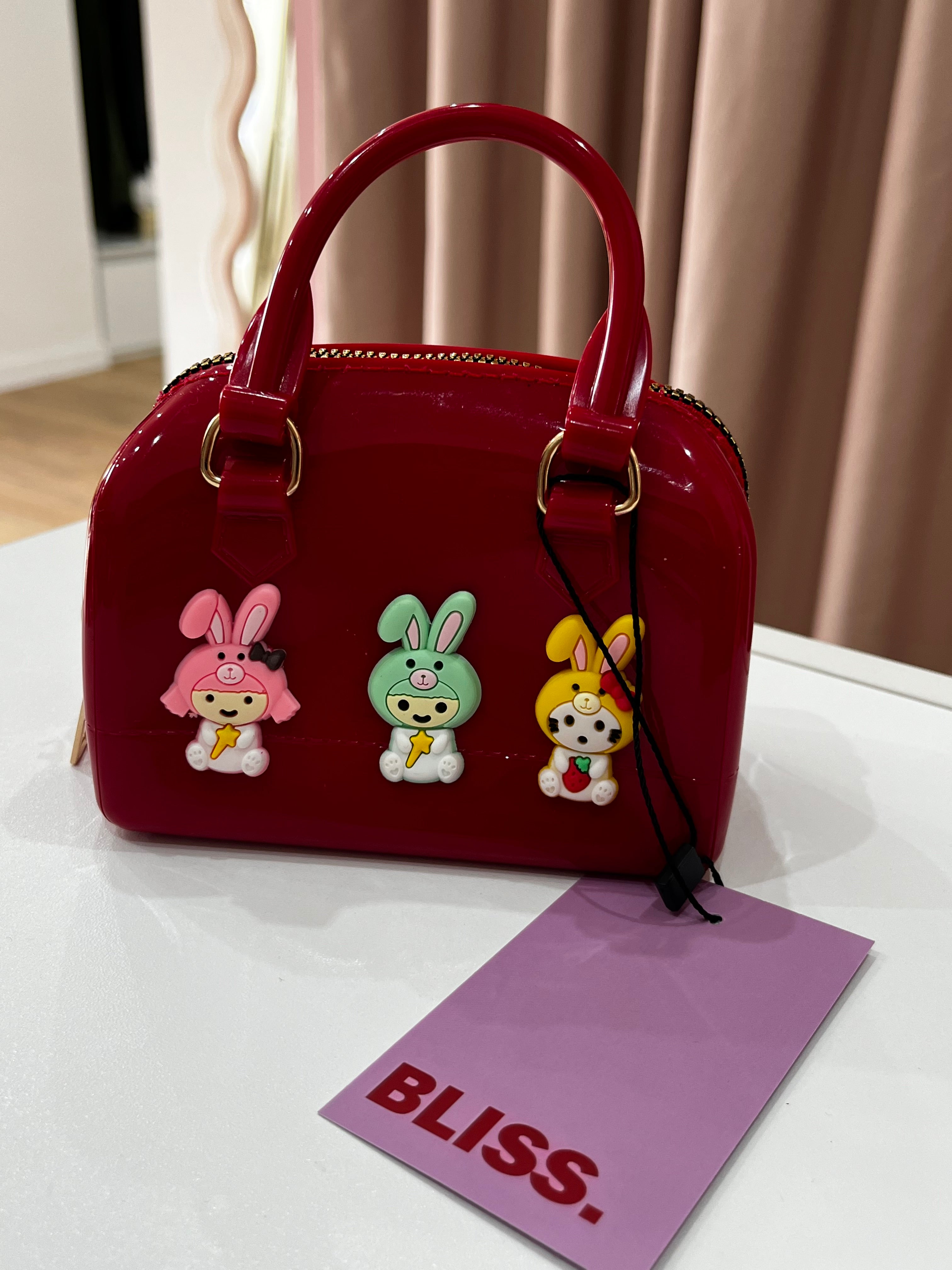 Borsa Mini Bauletto Donna in Silicone Blu/Rosso con Tracolla a Catena e Coniglietti Kawaii