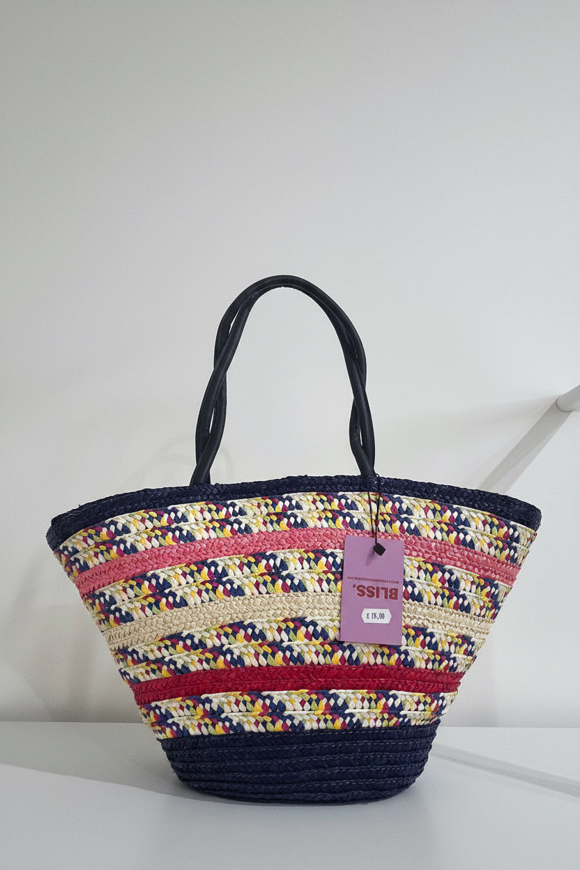 Borsa Shopper Intrecciata Multicolor con Manici Rigidi – Borsa Estiva Capiente in Fibra Naturale