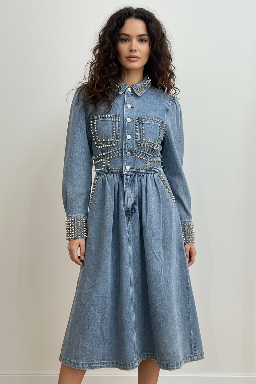 Vestito Nina - Abito Chemisier in Denim con Borchie – Vestito Camicia Donna Glam