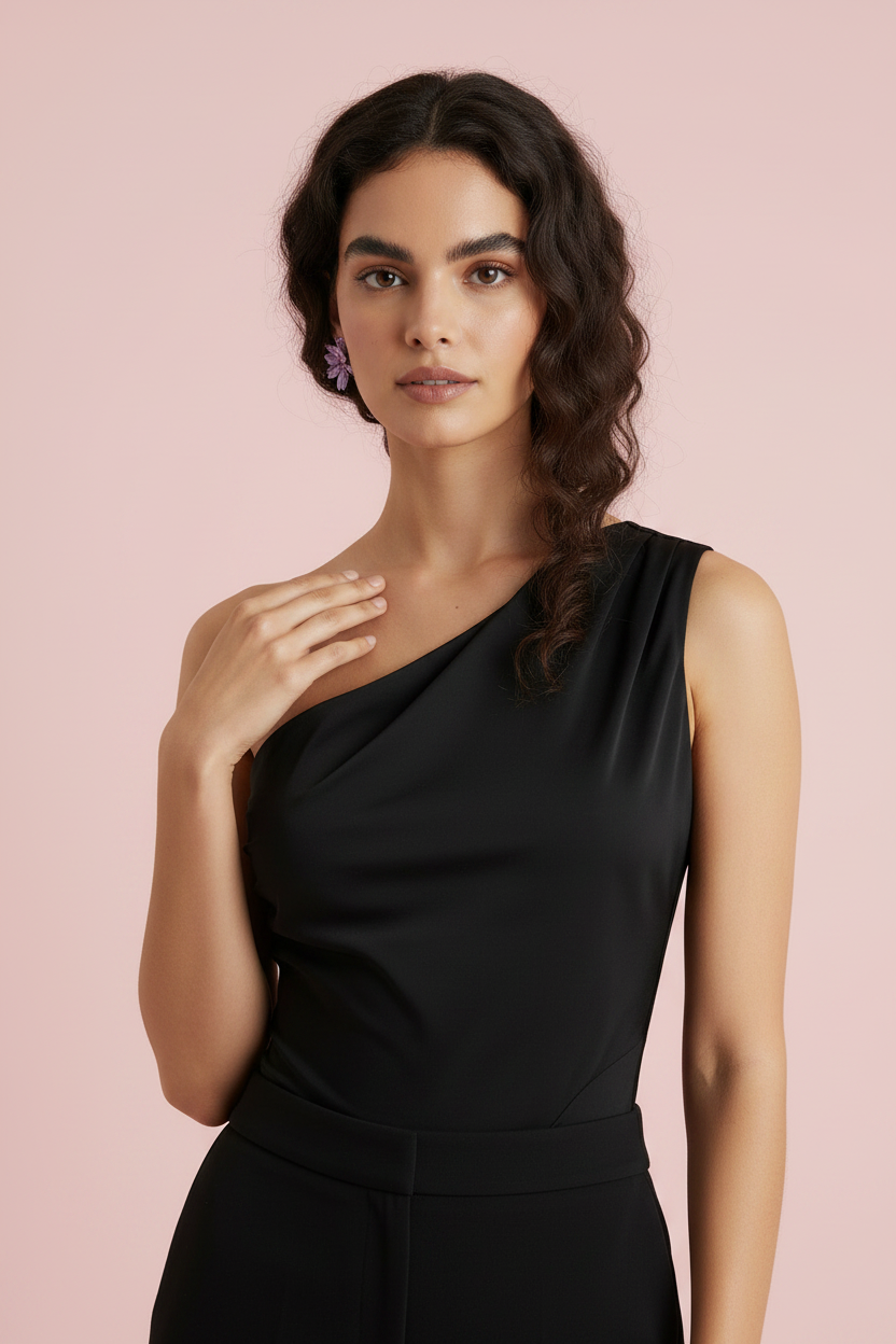 Body Chiara - Body Nero Monospalla Drappeggiato – Top Elegante Donna