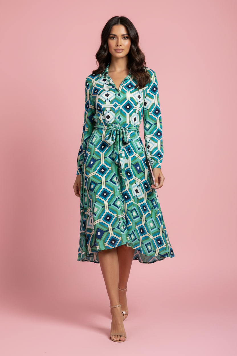 Vestito Gisella – Abito Chemisier Midi con Stampa Geometrica