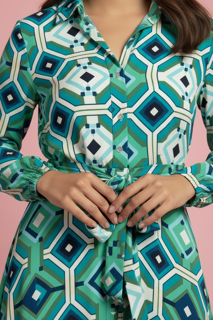 Vestito Gisella – Abito Chemisier Mini con Stampa Geometrica