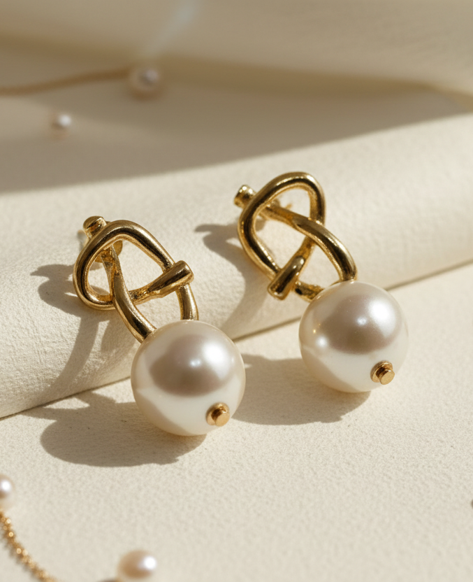 Orecchini a Nodo Dorato con Perla | Gioielli Eleganti Minimal Chic